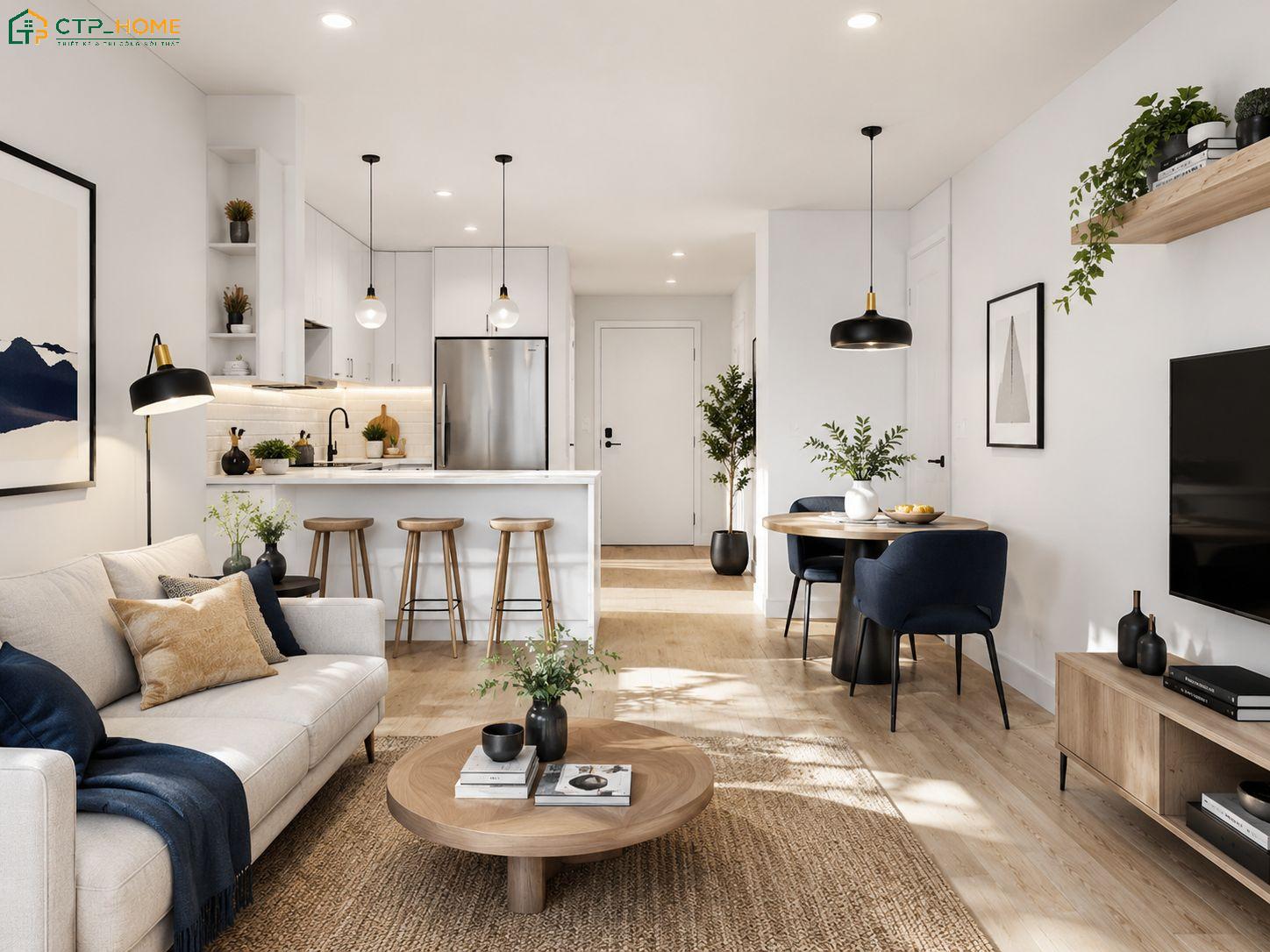 Việc sử dụng cây xanh để tạo điểm nhấn sẽ giúp căn hộ chung cư 40m2 trở nên sinh động hơn
