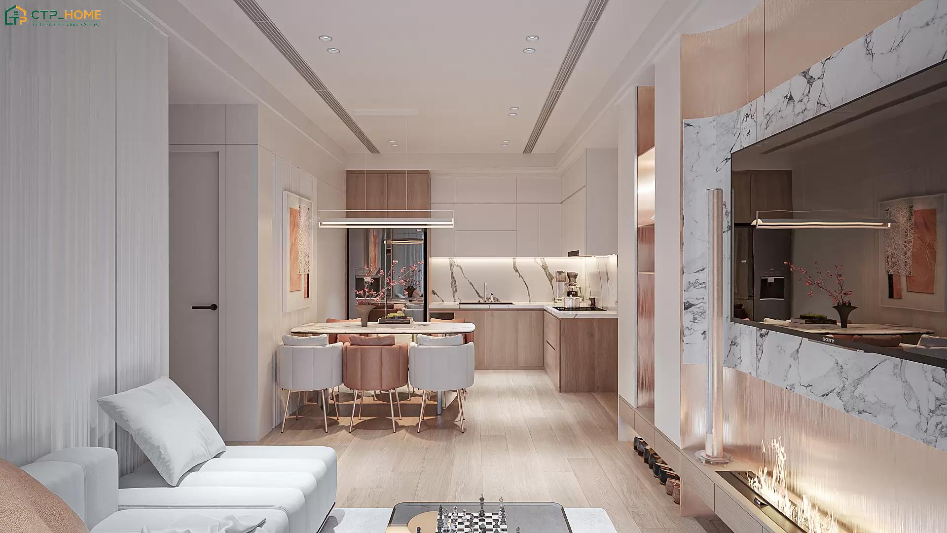 Mẫu thiết kế nội thất chung cư 40m2 theo hướng mở sẽ bố trí phòng khách, bếp và bàn ăn liền nhau