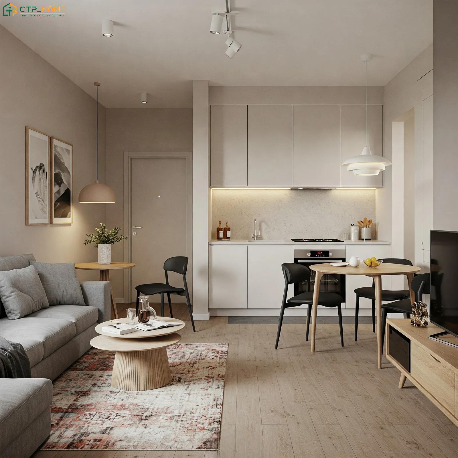 Mẫu thiết kế nội thất chung cư 40m2 tối giản sẽ ưu tiên đường nét gọn gàng và hạn chế chi tiết trang trí cầu kỳ