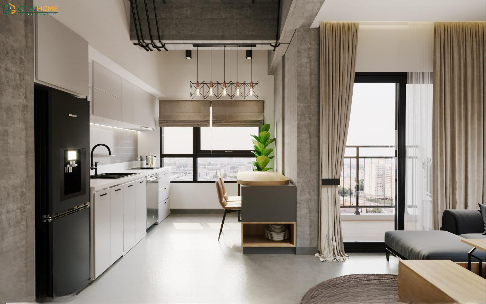 Mẫu thiết kế nội thất căn hộ 40m2 không gian mở sẽ phân chia các khu vực chức năng bằng nội thất hoặc màu sắc
