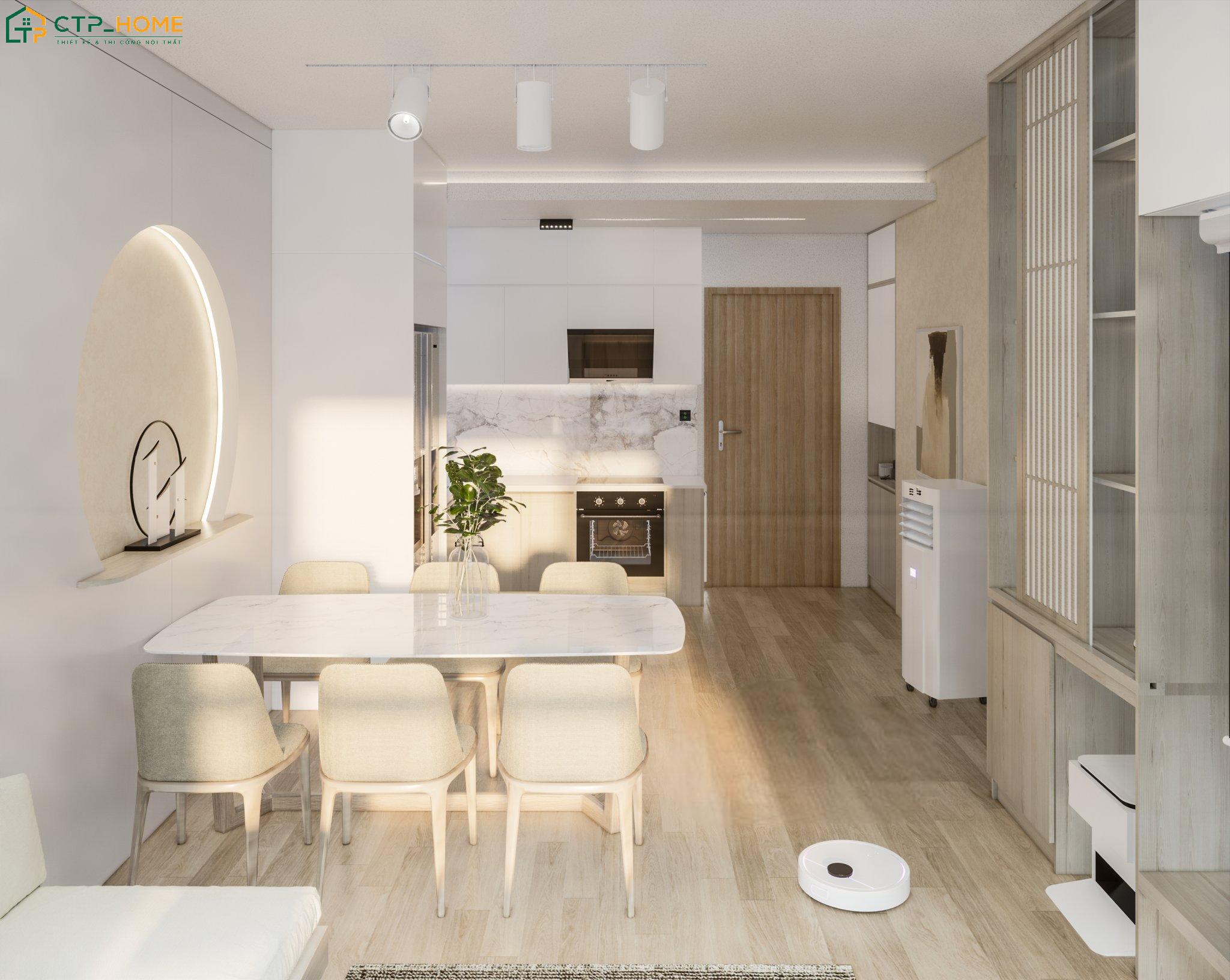 Bố trí phòng bếp chung cư 40m2 theo hình chữ L giúp đảm bảo sự gọn gàng và tối ưu diện tích hiệu quả