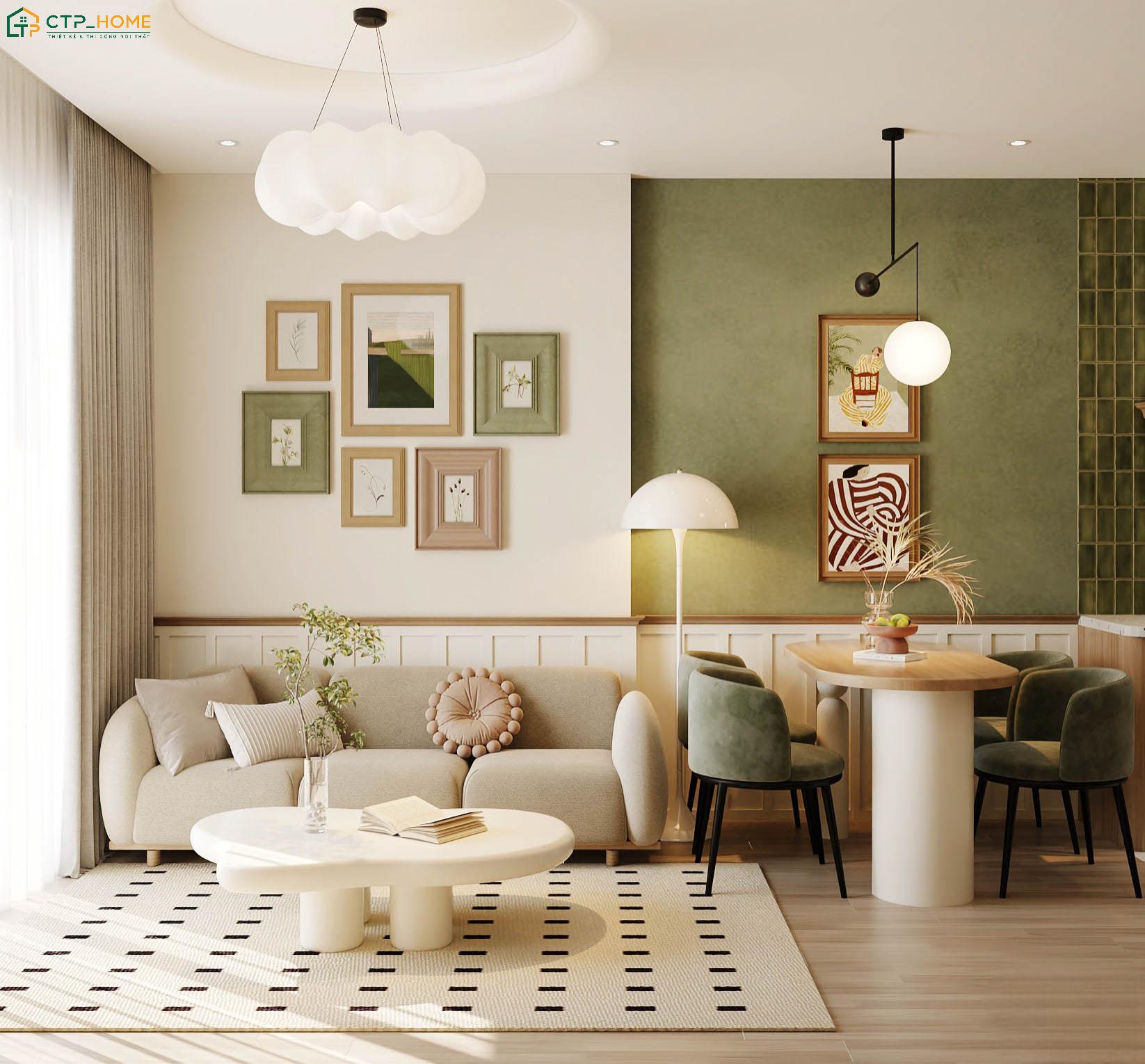 Không gian phòng khách sử dụng sofa chữ I và bàn trà nhỏ để tạo cảm giác rộng rãi và thoáng đãng hơn