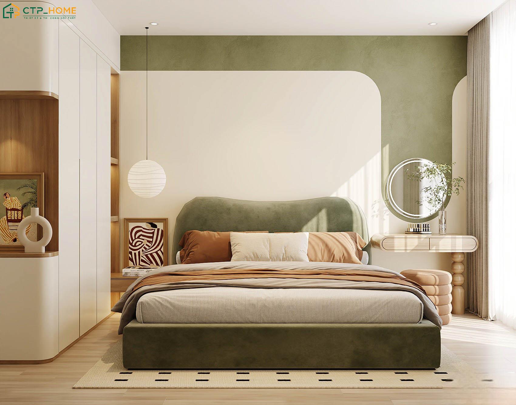 Không gian phòng ngủ màu xanh olive sẽ kết hợp cùng nội thất gỗ sáng màu để tạo cảm giác thoải mái hơn