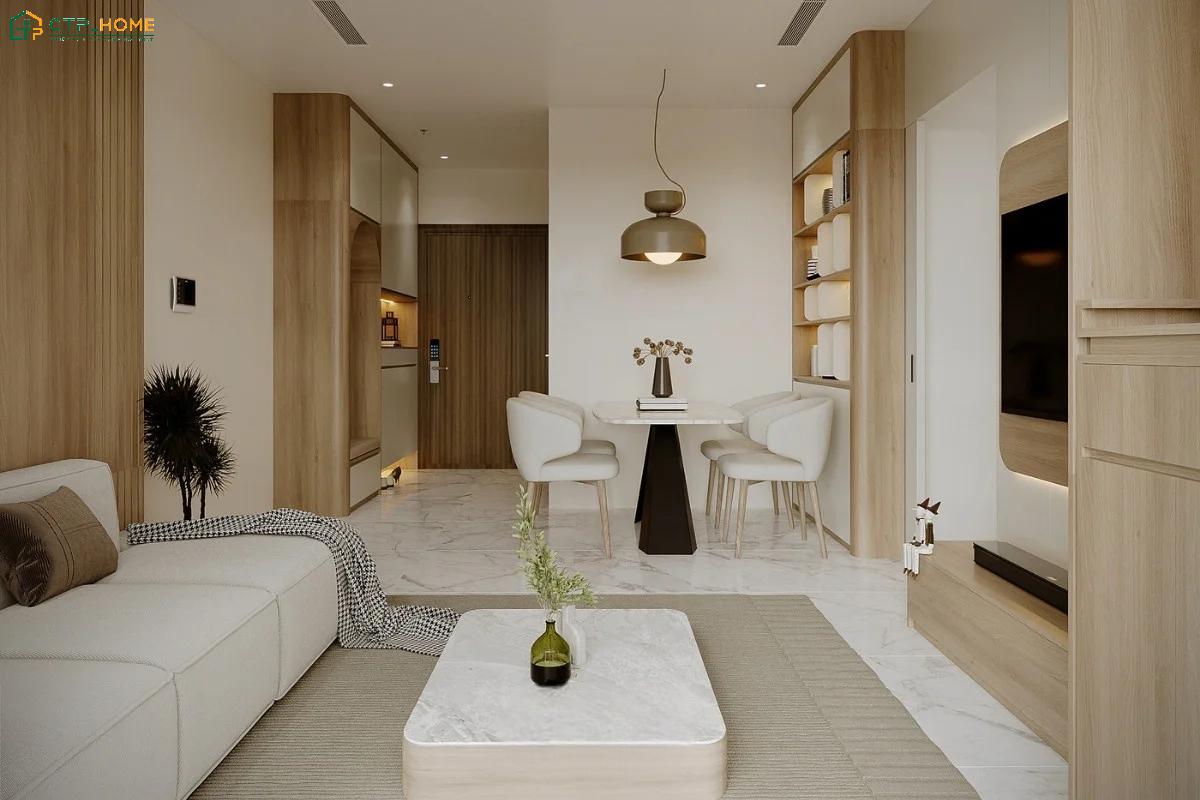 Việc tận dụng tối đa chiều cao trong chung cư 40m2 với hệ tủ kịch trần sẽ giúp gia tăng diện tích lưu trữ