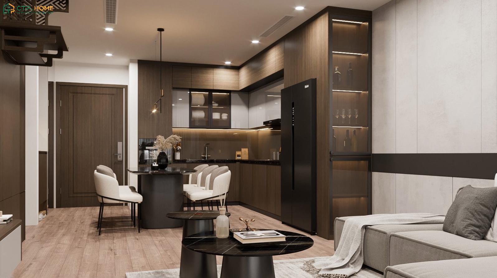 Khu vực bếp sẽ bố trí liền mạch với phòng khách để gia tăng sự tiện nghi cho chung cư 40m2 hiện đại