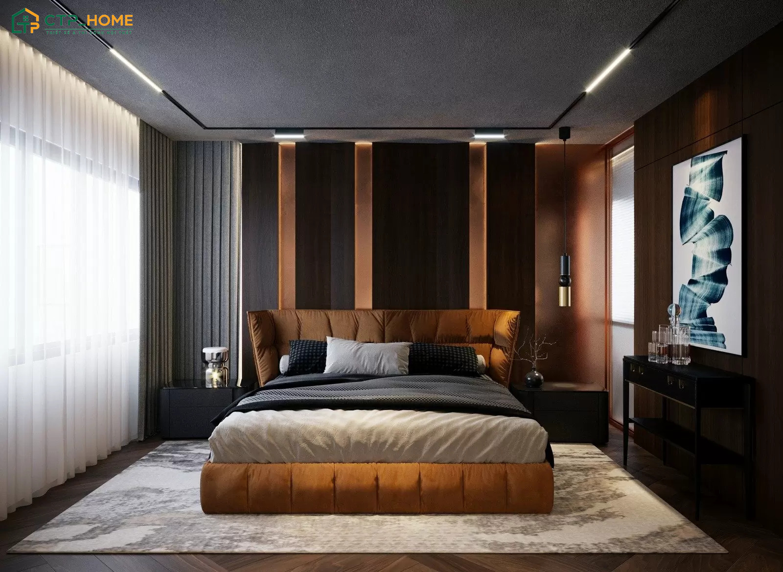 Phòng ngủ căn hộ 45m2 Luxury sẽ tạo điểm nhấn bằng hệ đèn trang trí cùng các món nội thất tinh tế