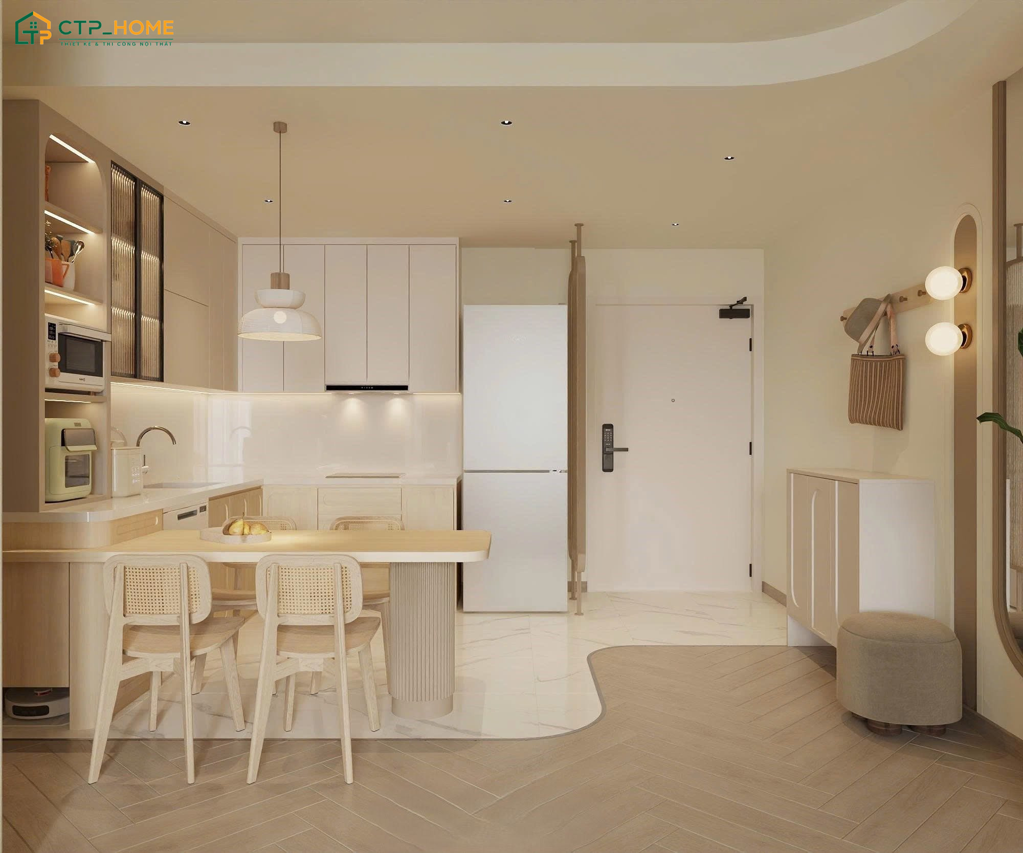 Mẫu thiết kế căn hộ chung cư 45m2 1 phòng ngủ sẽ sử dụng nội thất nhỏ gọn để giữ lối đi thông thoáng