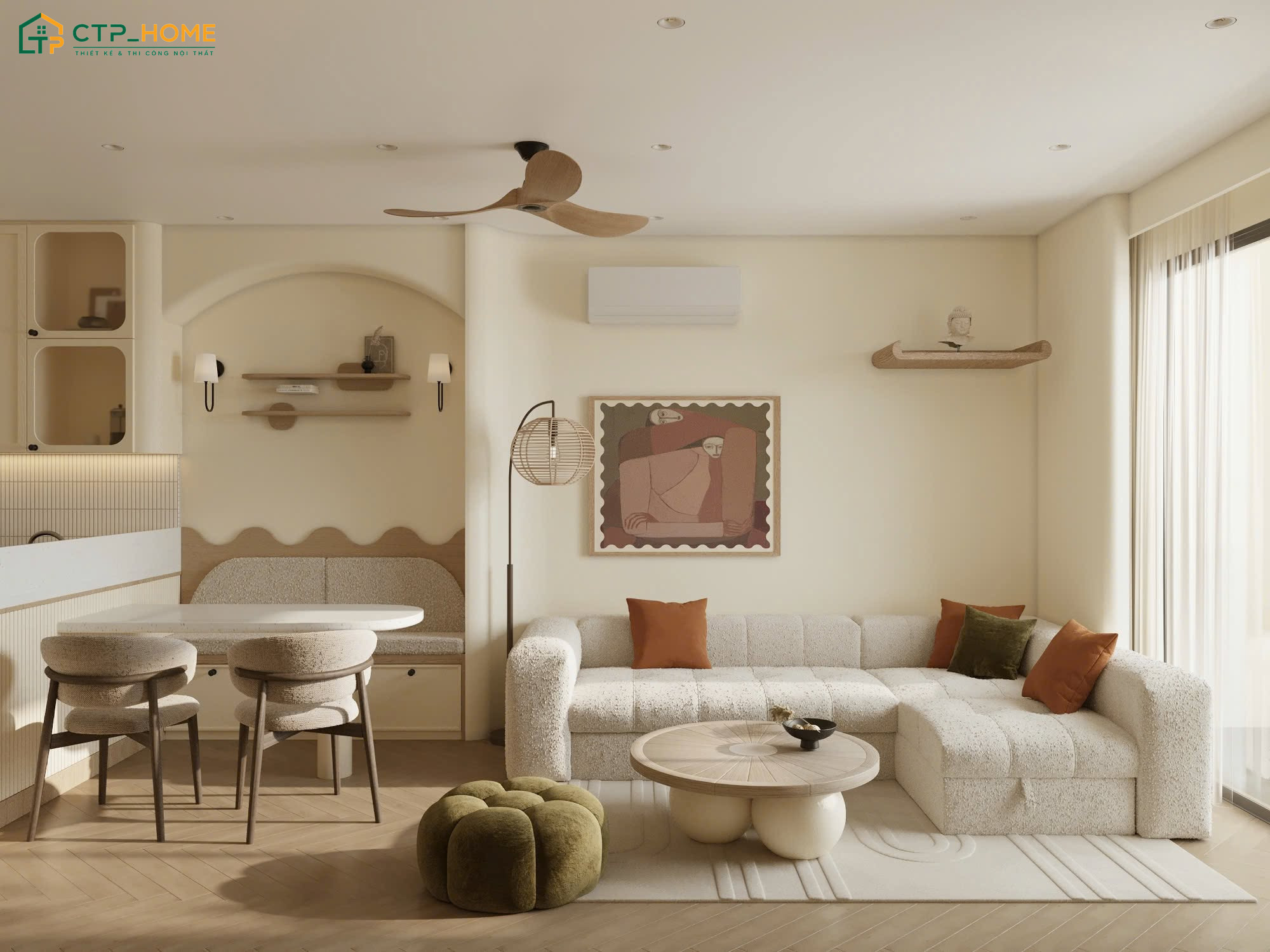 Phòng khách chung cư 45m2 sẽ ưu tiên sự kết nối liền mạch với các khu vực chức năng khác