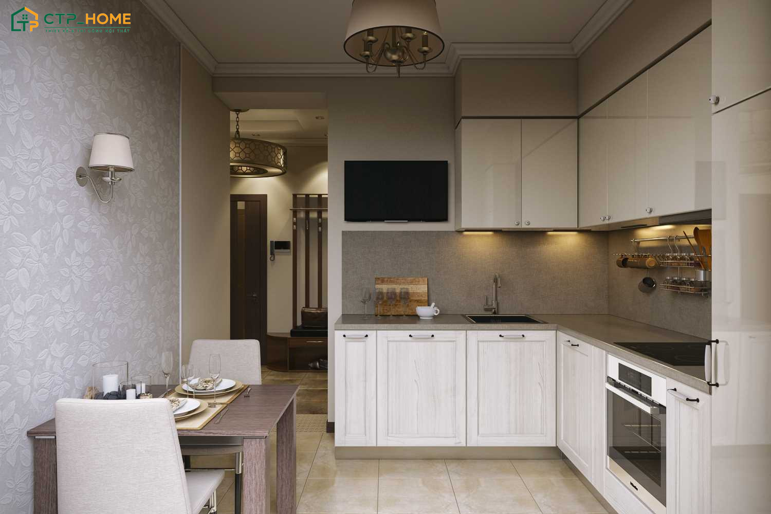 Không gian phòng bếp chung cư 45m2 sẽ được bố trí gọn gàng để đảm bảo sự thông thoáng