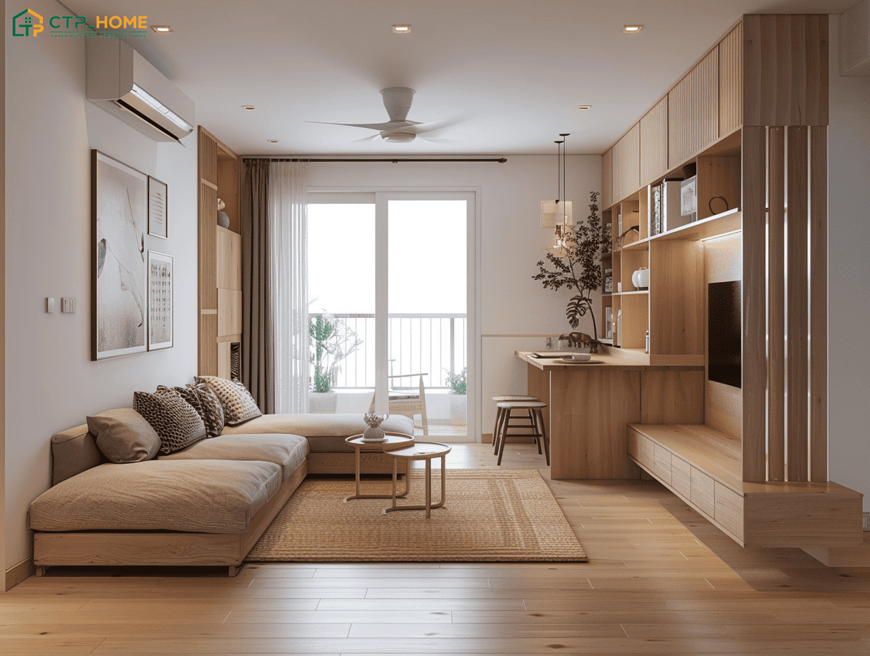 Mẫu thiết kế nội thất căn hộ 45m2 tối giản nổi bật với bố cục gọn gàng và nội thất cân đối