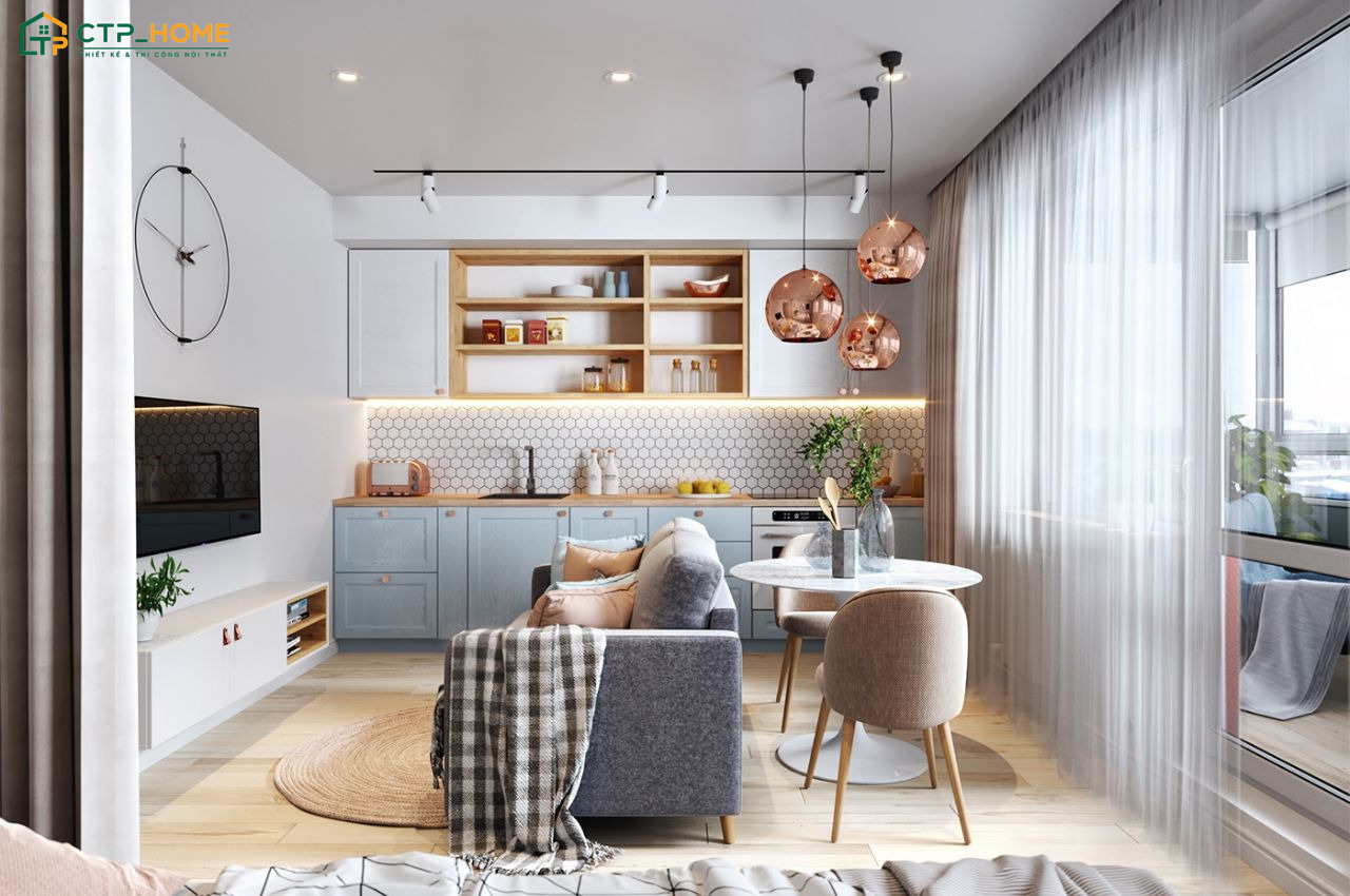 Mẫu thiết kế nội thất căn hộ chung cư 45m2 hiện đại sẽ bố trí hệ tủ kịch trần để tăng khả năng lưu trữ