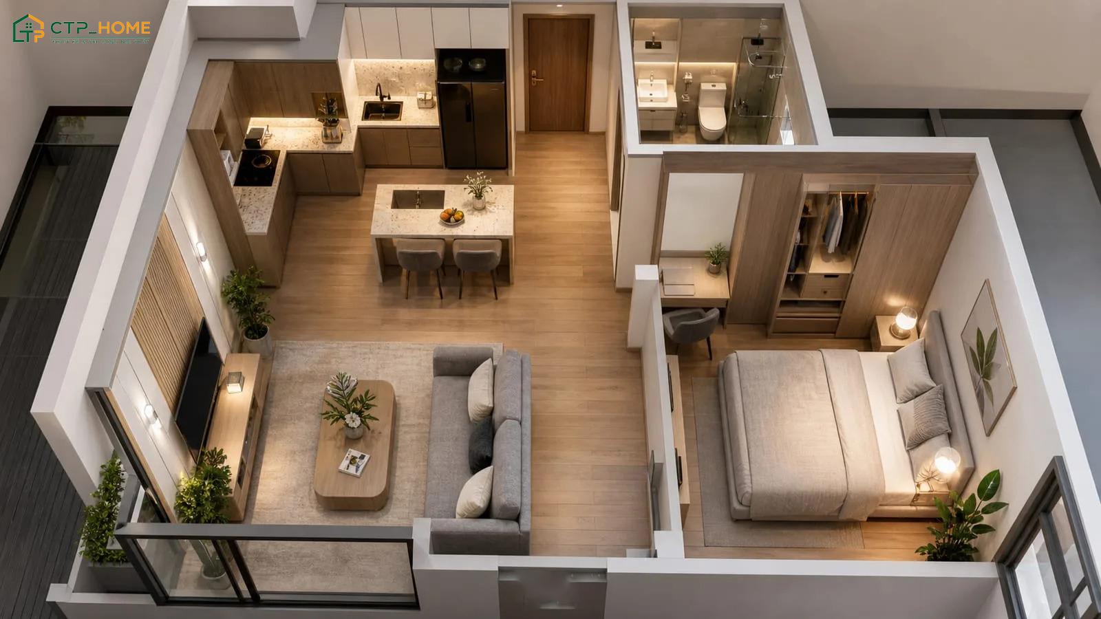 Mẫu thiết kế chung cư 50m2 1 phòng ngủ sẽ ưu tiên diện tích cho khu vực sinh hoạt chung