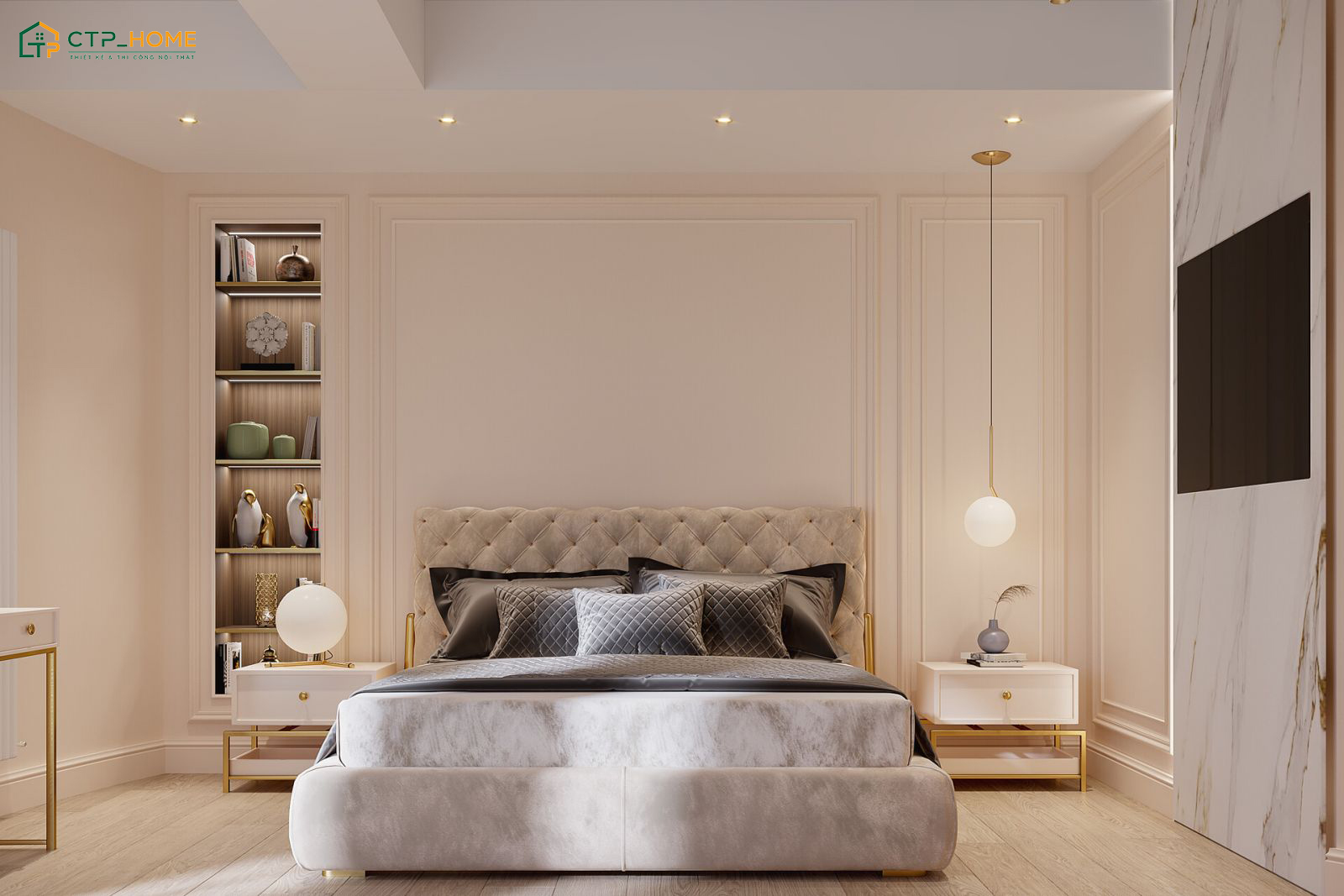 Mẫu thiết kế nội thất căn hộ 50m2 tân cổ điển ghi dấu ấn với bố cục cân đối và đường nét thanh lịch