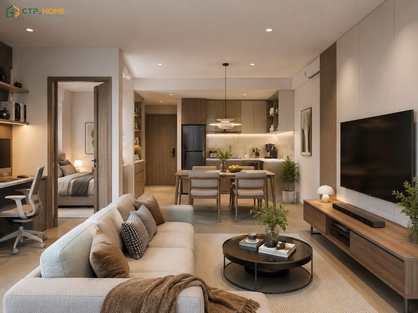 Khi thiết kế phòng khách chung cư 50m2 thì nên ưu tiên đồ nội thất có kích thước phù hợp