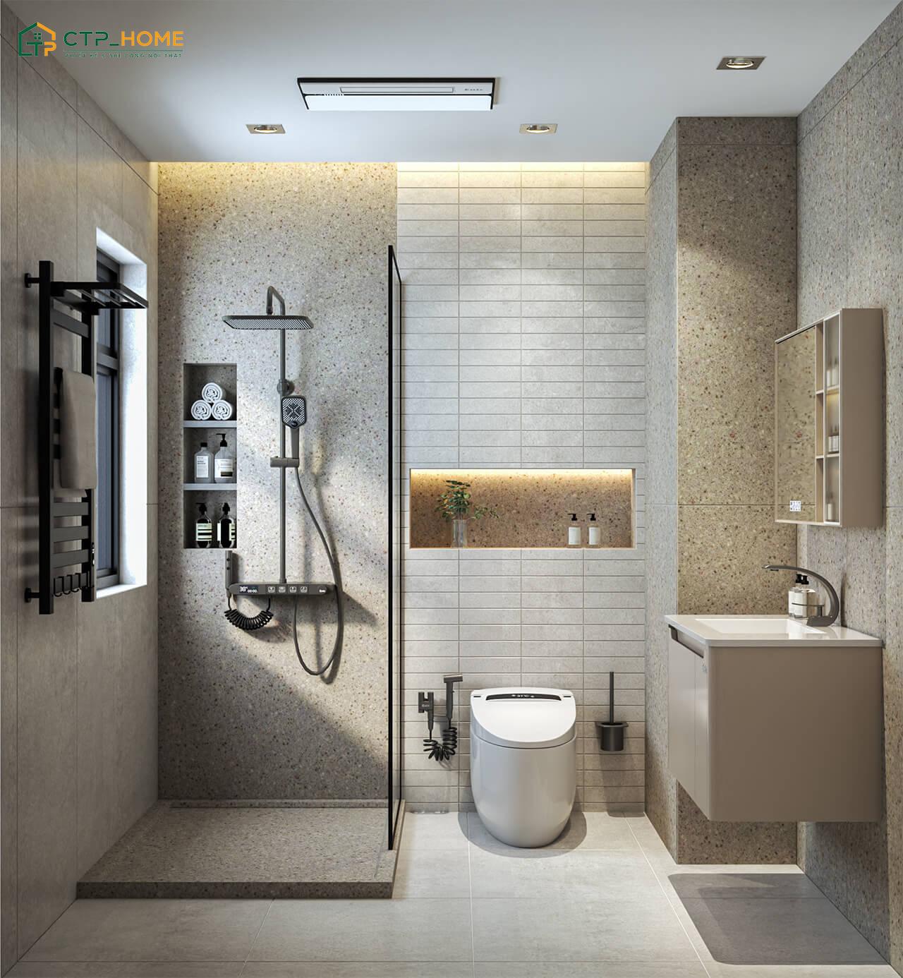 Khu vực nhà vệ sinh trong chung cư 50m2 cần có bố cục gọn gàng để đảm bảo sự thuận tiện