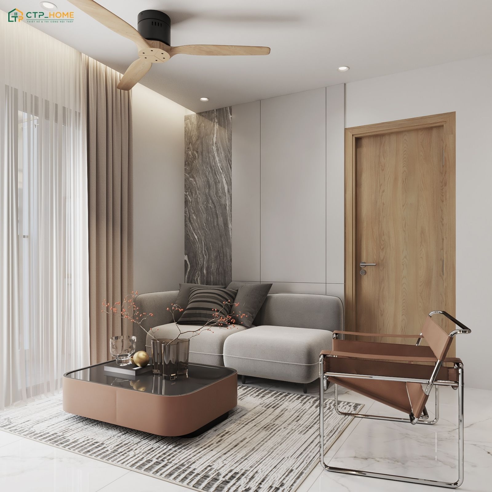 Phòng khách sẽ sử dụng nội thất nhỏ gọn và được đặt sát tường để tạo lối đi thông thoáng