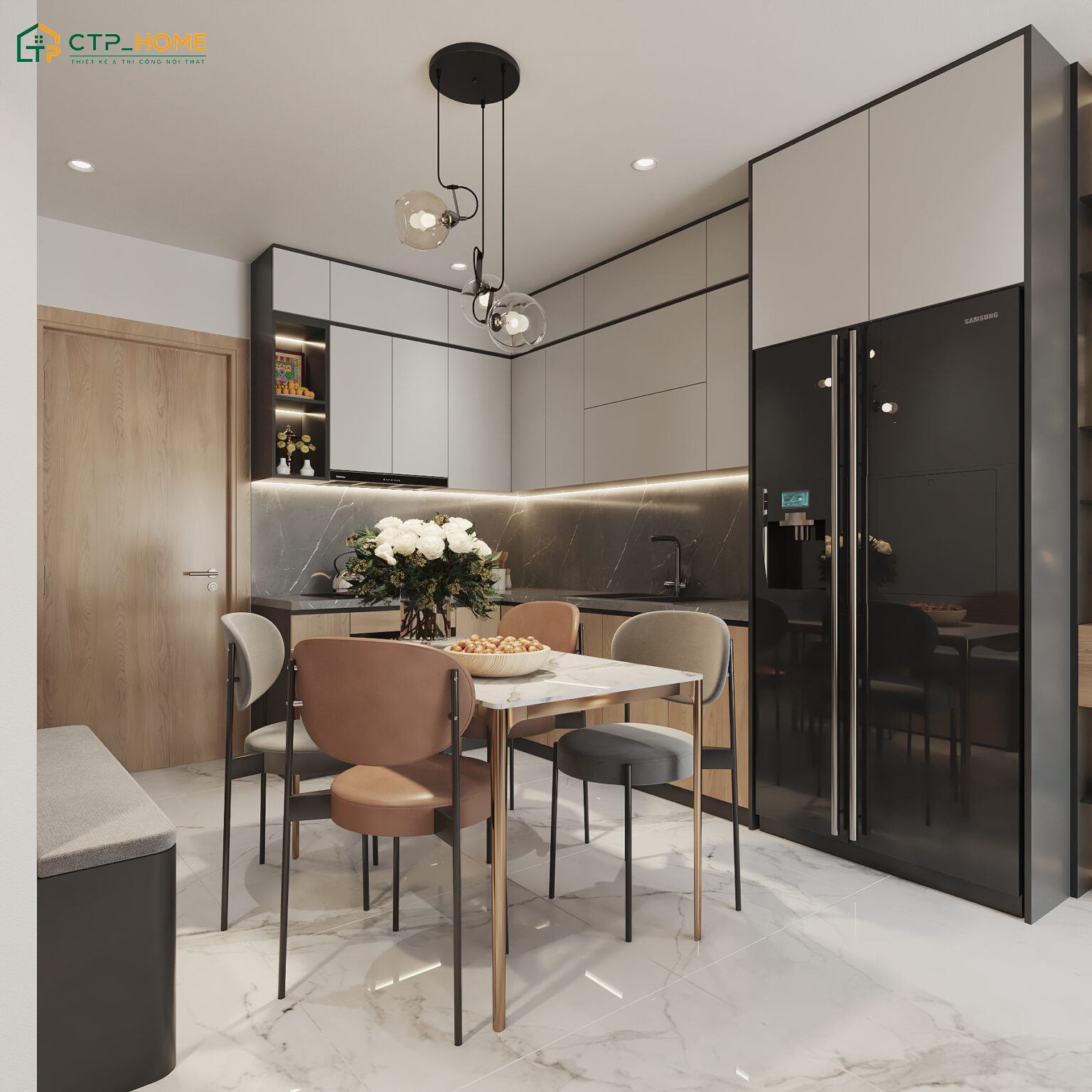 Bố trí phòng khách liền bếp với đồ nội thất có sự tương đồng trong màu sắc và kiểu dáng