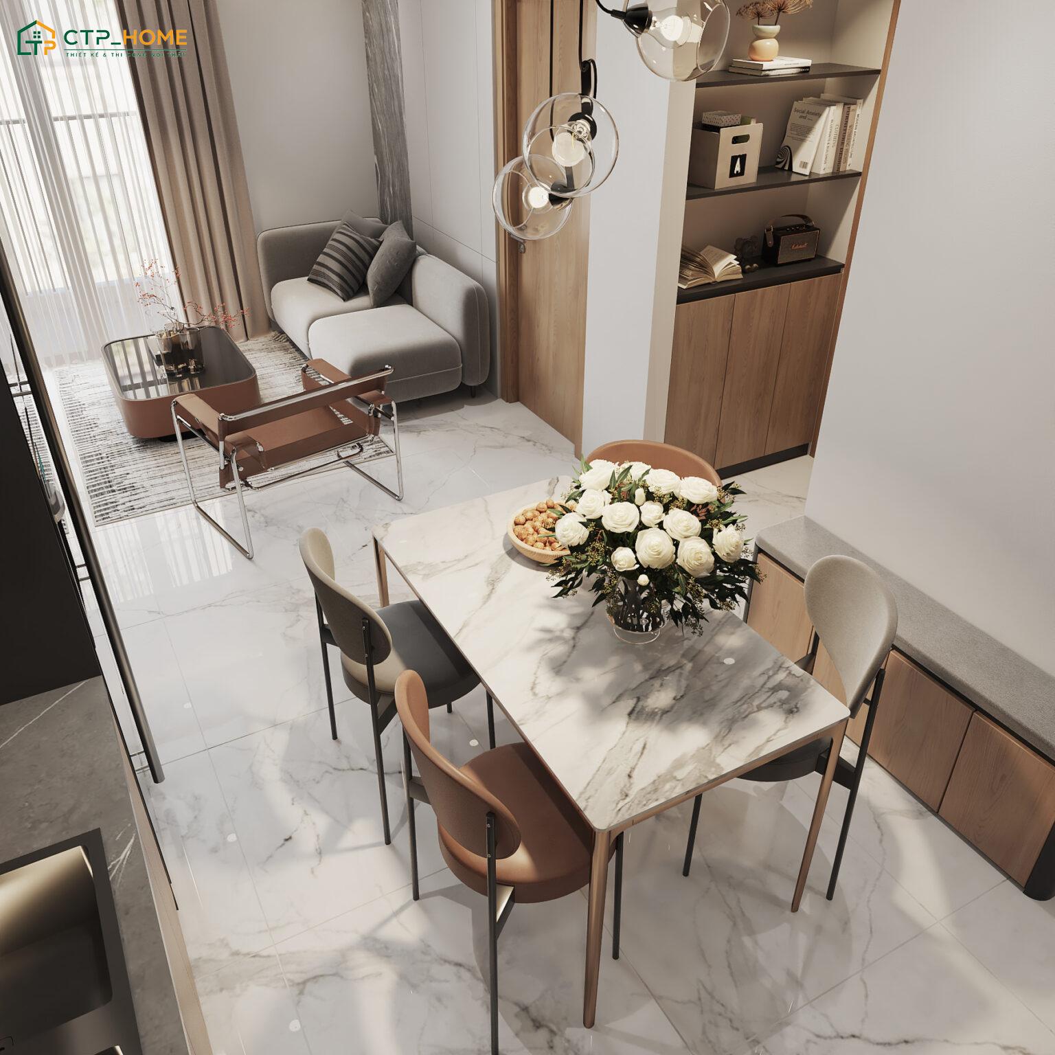 Sử dụng bàn ăn 4 người nhỏ gọn giúp đảm bảo sự thông thoáng cho căn hộ chung cư 50m2