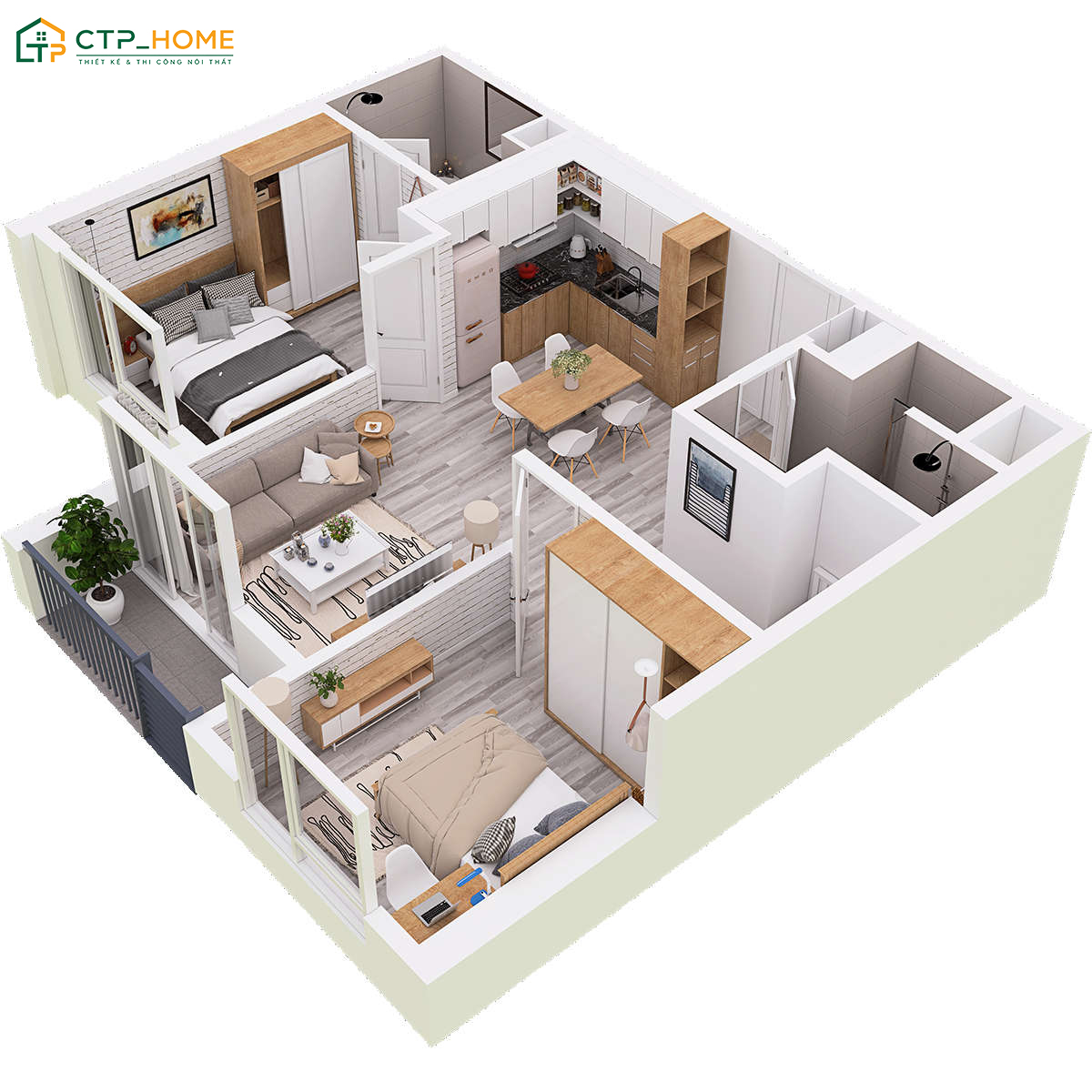 Mẫu thiết kế nội thất chung cư nhỏ 50m2 2 phòng ngủ sẽ chăm chút tỉ mỉ trong cách bố trí không gian