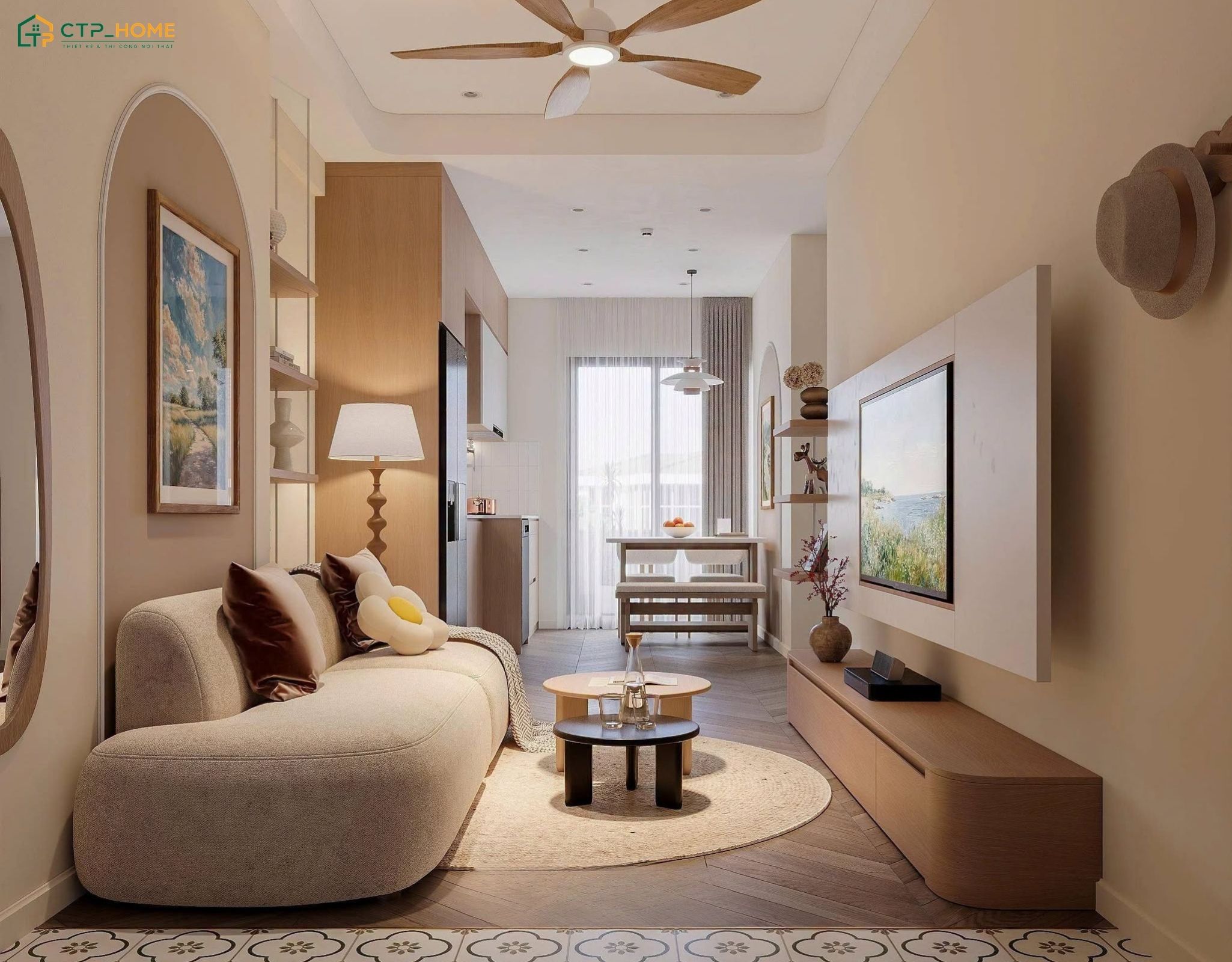 Mẫu thiết kế căn hộ 50m2 với 2 phòng ngủ thường ưu tiên xu hướng mở để tạo cảm giác liền mạch