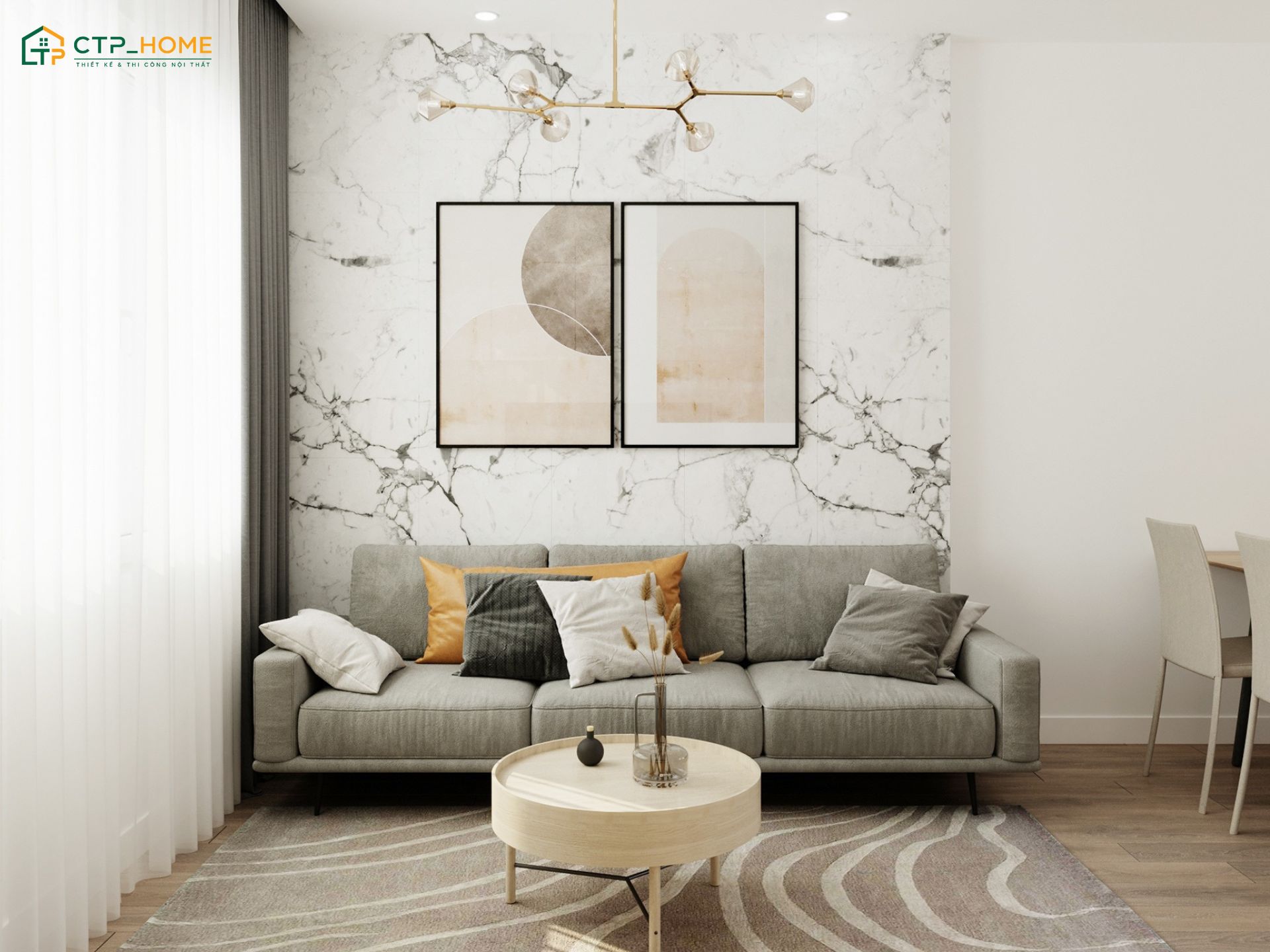 Mẫu thiết kế nội thất chung cư 55m2 trẻ trung sẽ tạo điểm nhấn bằng tranh treo tường độc đáo