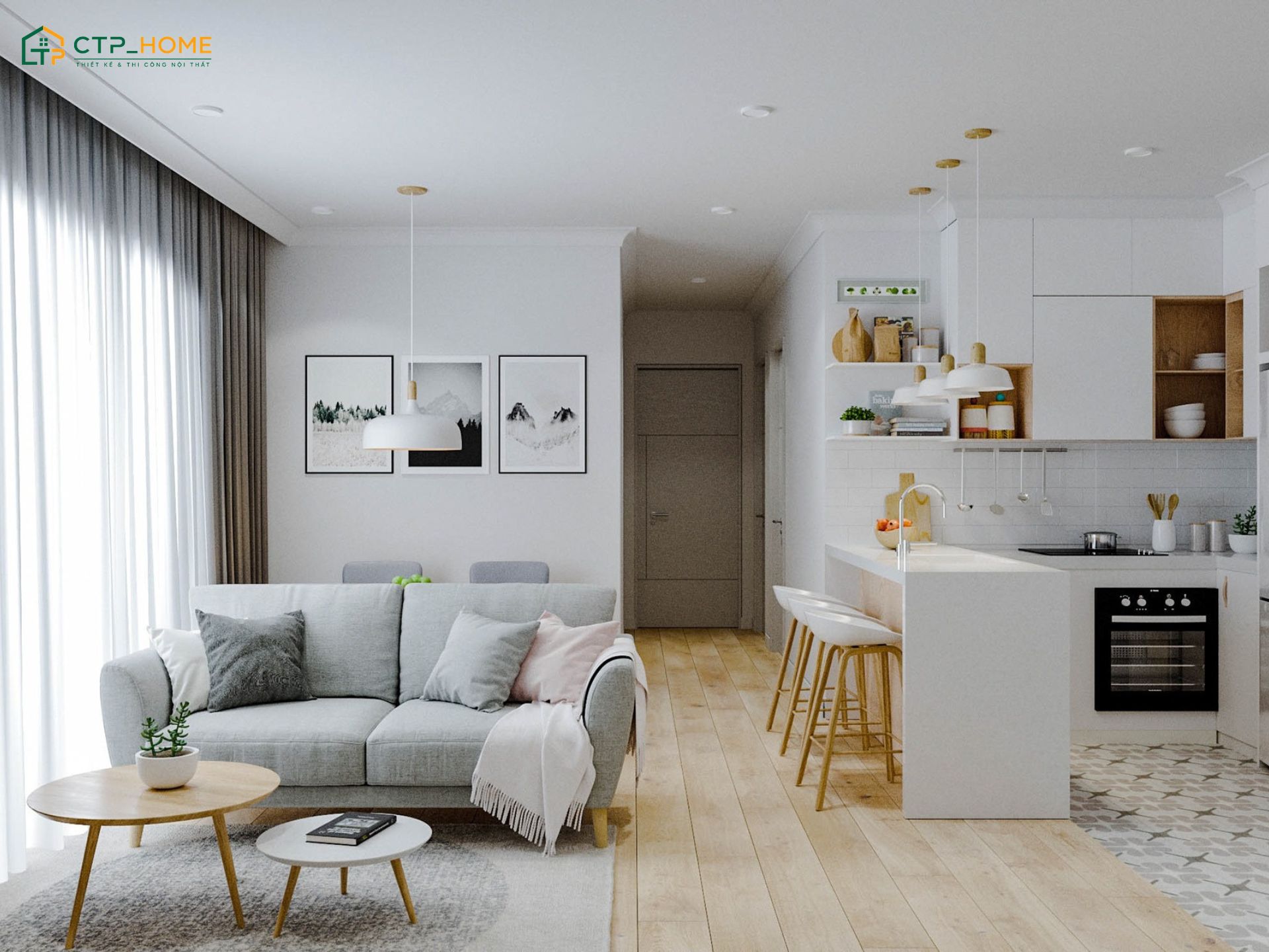Mẫu thiết kế nội thất chung cư 55m2 tone màu tươi sáng sẽ được kết hợp cùng chất liệu tự nhiên