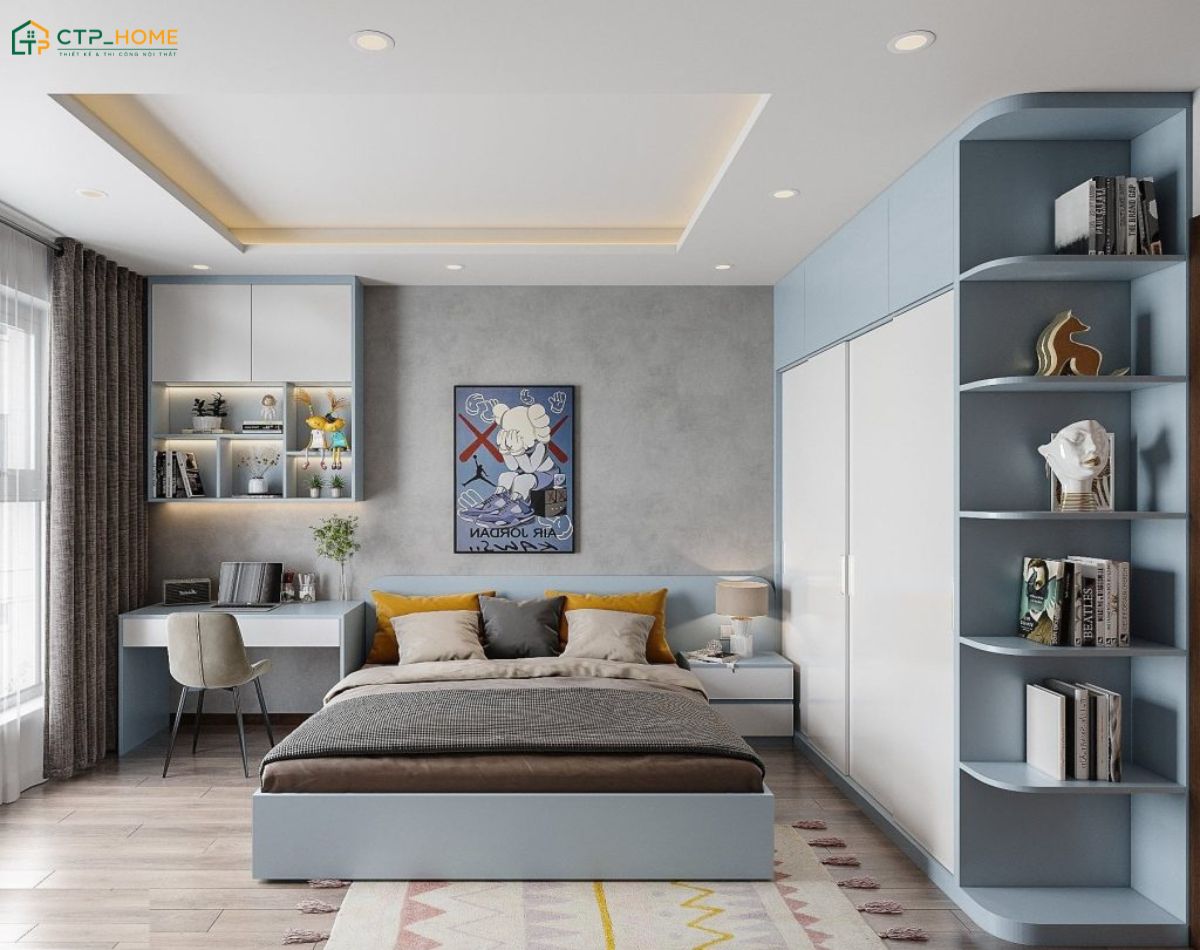 Thiết kế phòng ngủ căn hộ 55m2 với gam màu tươi sáng sẽ tạo cảm giác rộng rãi và thoáng đãng hơn