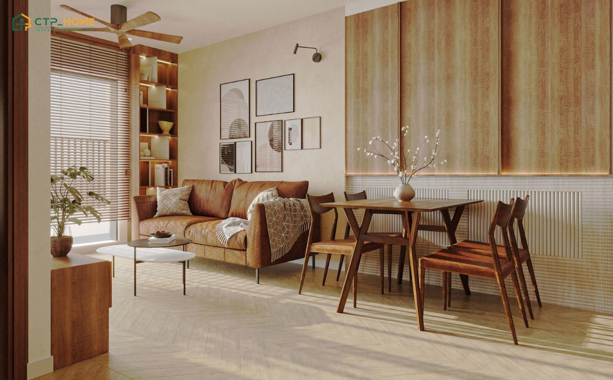 Mẫu thiết kế nội thất chung cư 55m2 với tone màu gỗ thường sẽ được kết hợp cùng nội thất thông minh