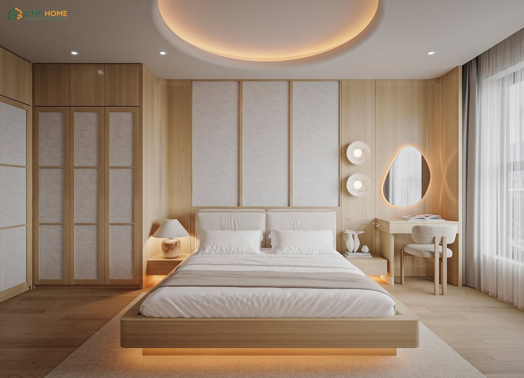 Mẫu phòng ngủ căn hộ 55m2 với tone màu nâu gỗ làm chủ đạo sẽ tạo cảm giác gần gũi và ấm cúng hơn