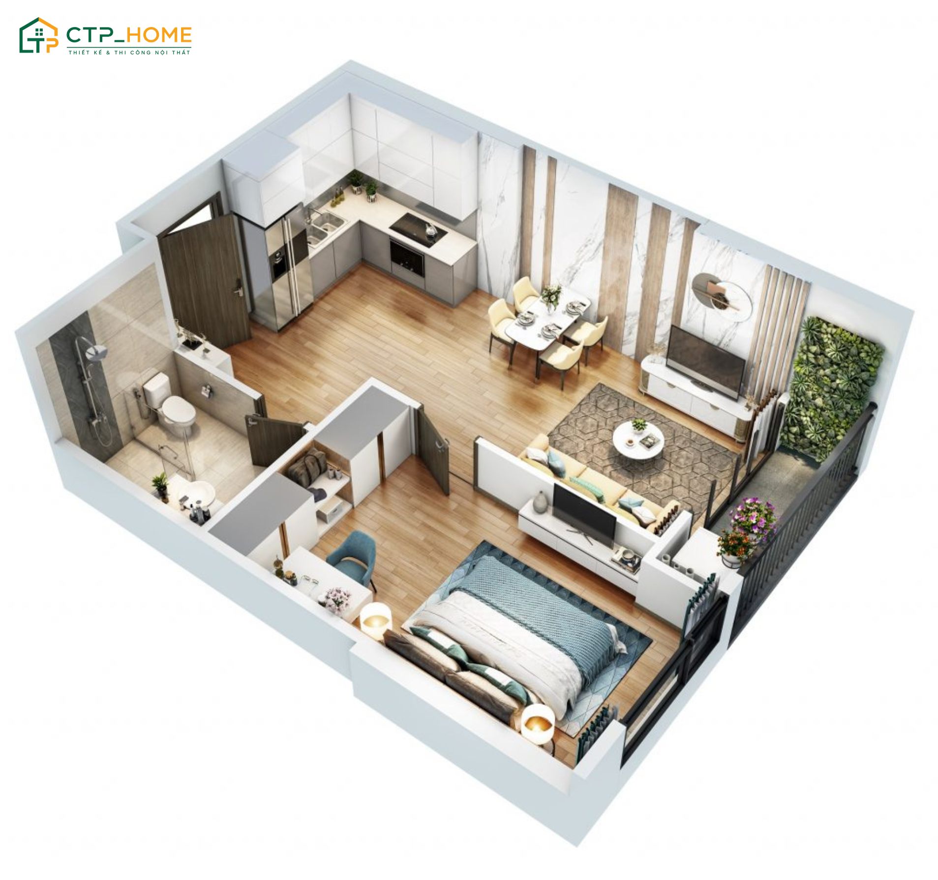 Bản vẽ thiết kế nội thất chung cư 55m2 với 1 phòng ngủ rộng rãi nhưng vẫn đầy đủ tiện nghi