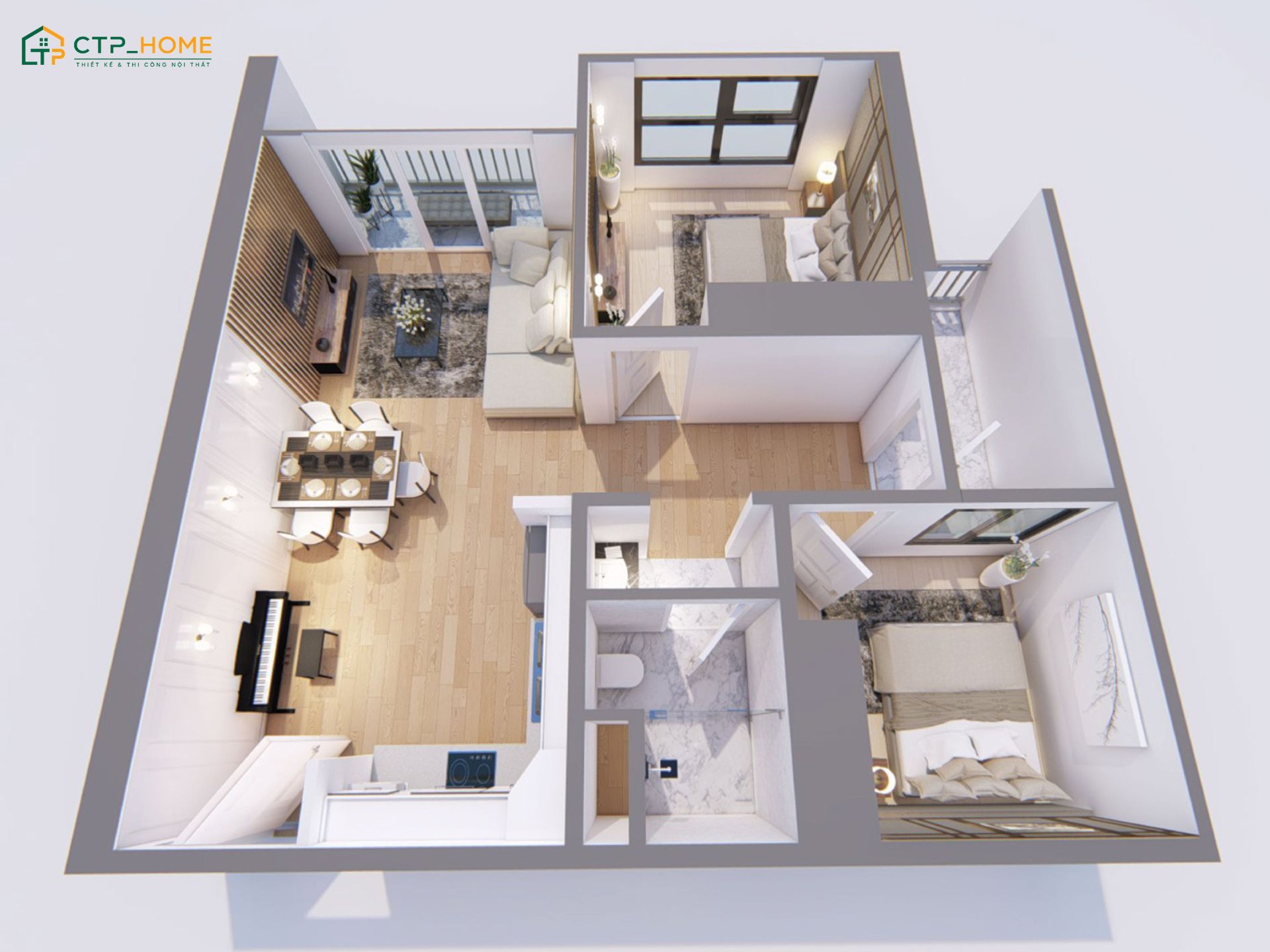 Bản vẽ thiết kế nội thất chung cư 55m2 2 phòng ngủ với công năng khoa học giúp đáp ứng tốt nhu cầu sử dụng