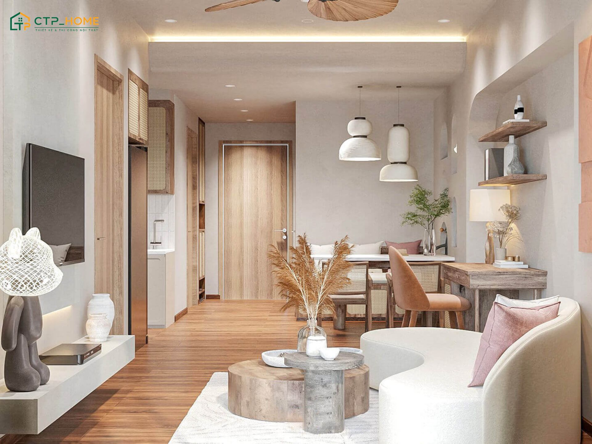 Khi thiết kế nội thất căn hộ chung cư 55m2 thì có thể tạo điểm nhấn thông qua màu sắc hoặc vật liệu