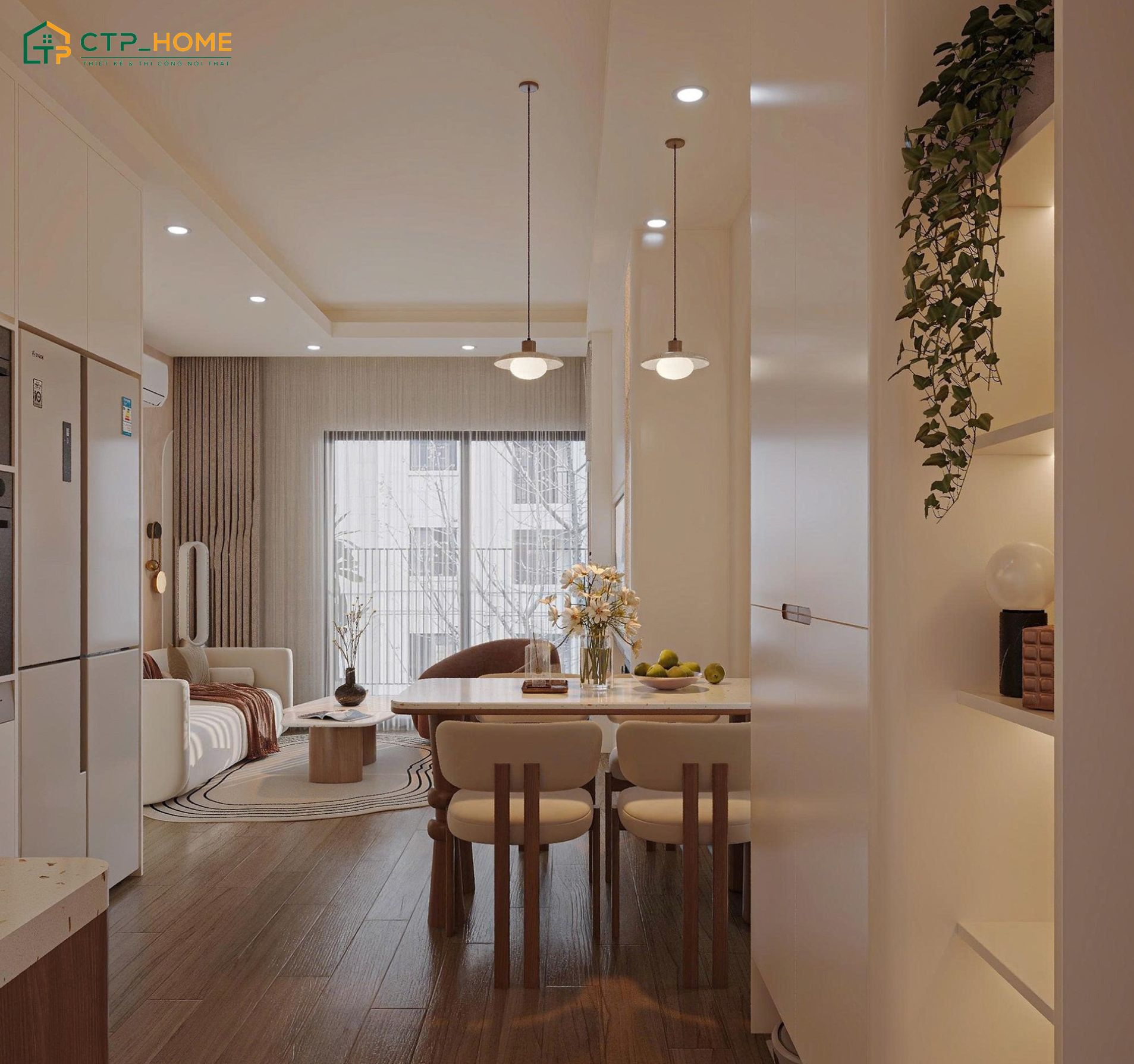 Mẫu thiết kế căn hộ chung cư 55m2 Japandi sẽ ưu tiên các vật liệu mộc mạc như gỗ, mây, tre