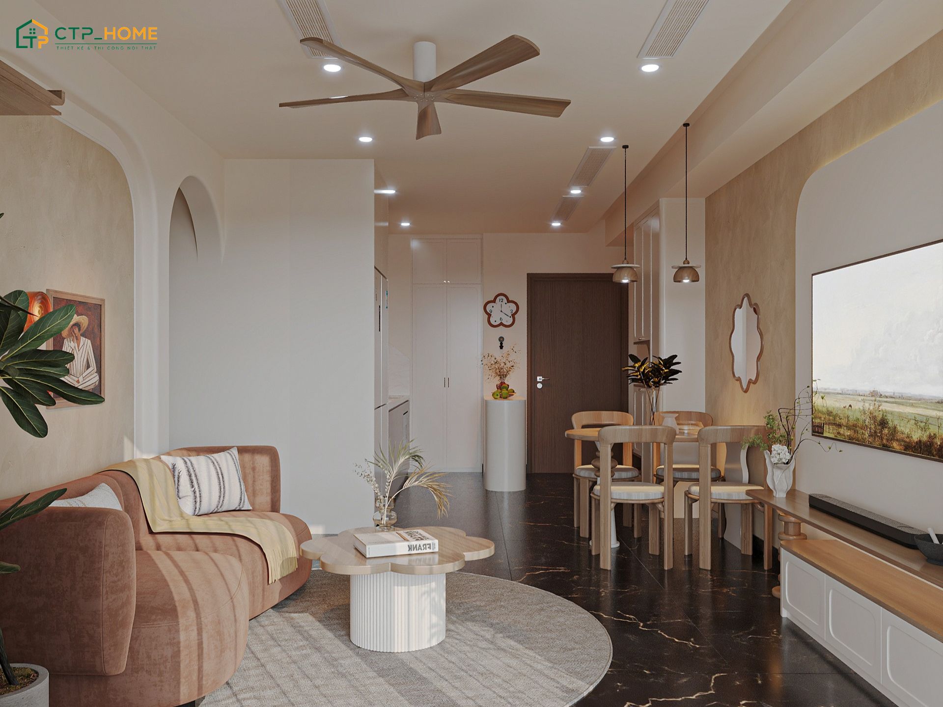 Mẫu thiết kế nội thất chung cư 55m2 hiện đại thường sử dụng nội thất thông minh và bảng màu trung tính