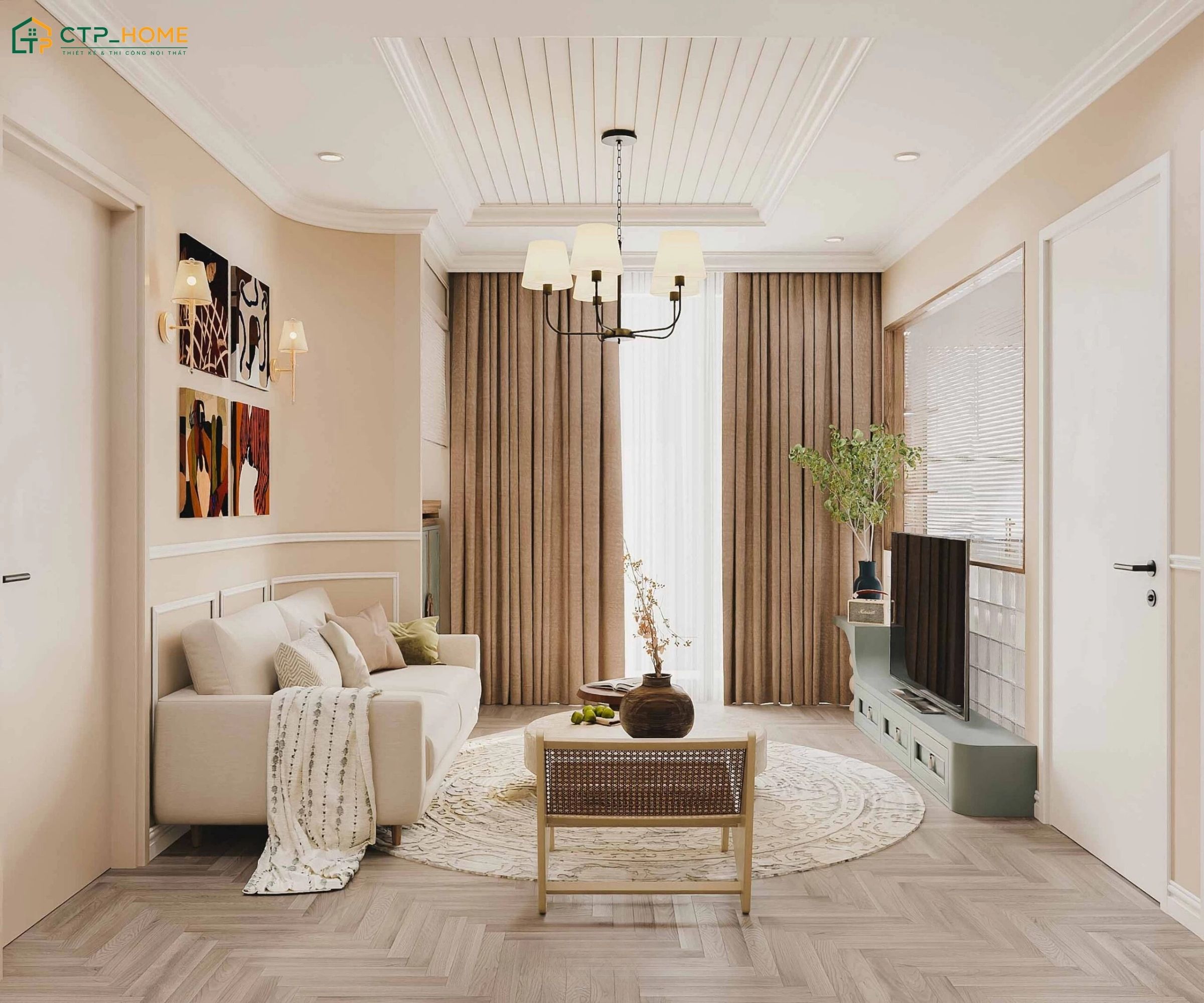 Mẫu thiết kế nội thất nhà chung cư 60m2 với tone màu trung tính sẽ mang đến một không gian sống sang trọng và tiện nghi