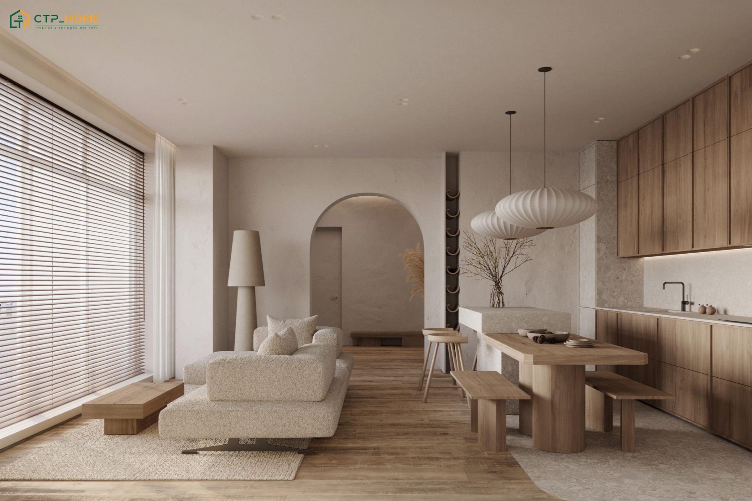 Mẫu thiết kế nội thất căn hộ 60m2 phong cách Scandinavian thường sử dụng tone màu sáng và nội thất gỗ