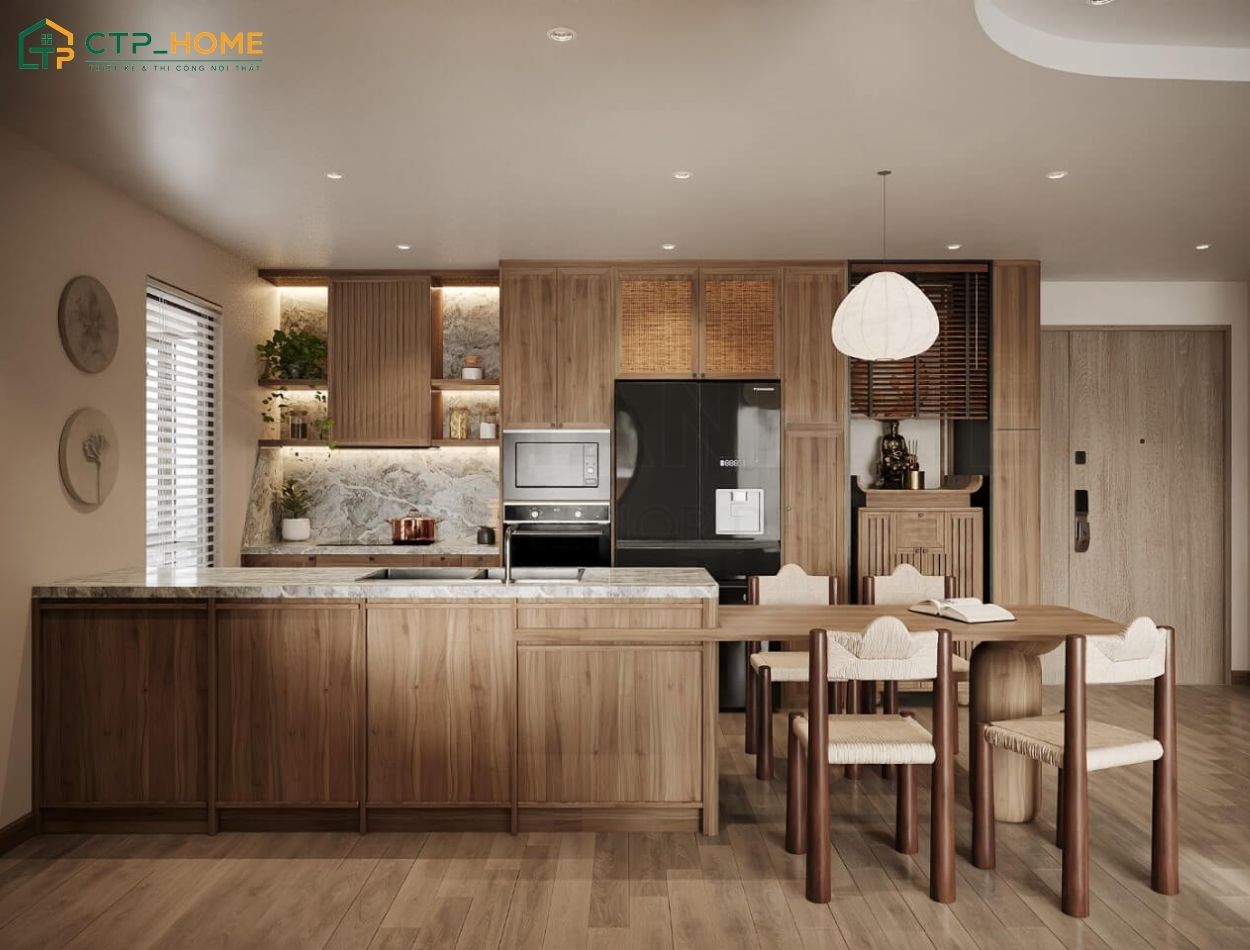 Gỗ tự nhiên có thể được sử dụng làm sofa, giường ngủ hoặc tủ quần áo để tạo sự liên kết cho căn hộ 60m2