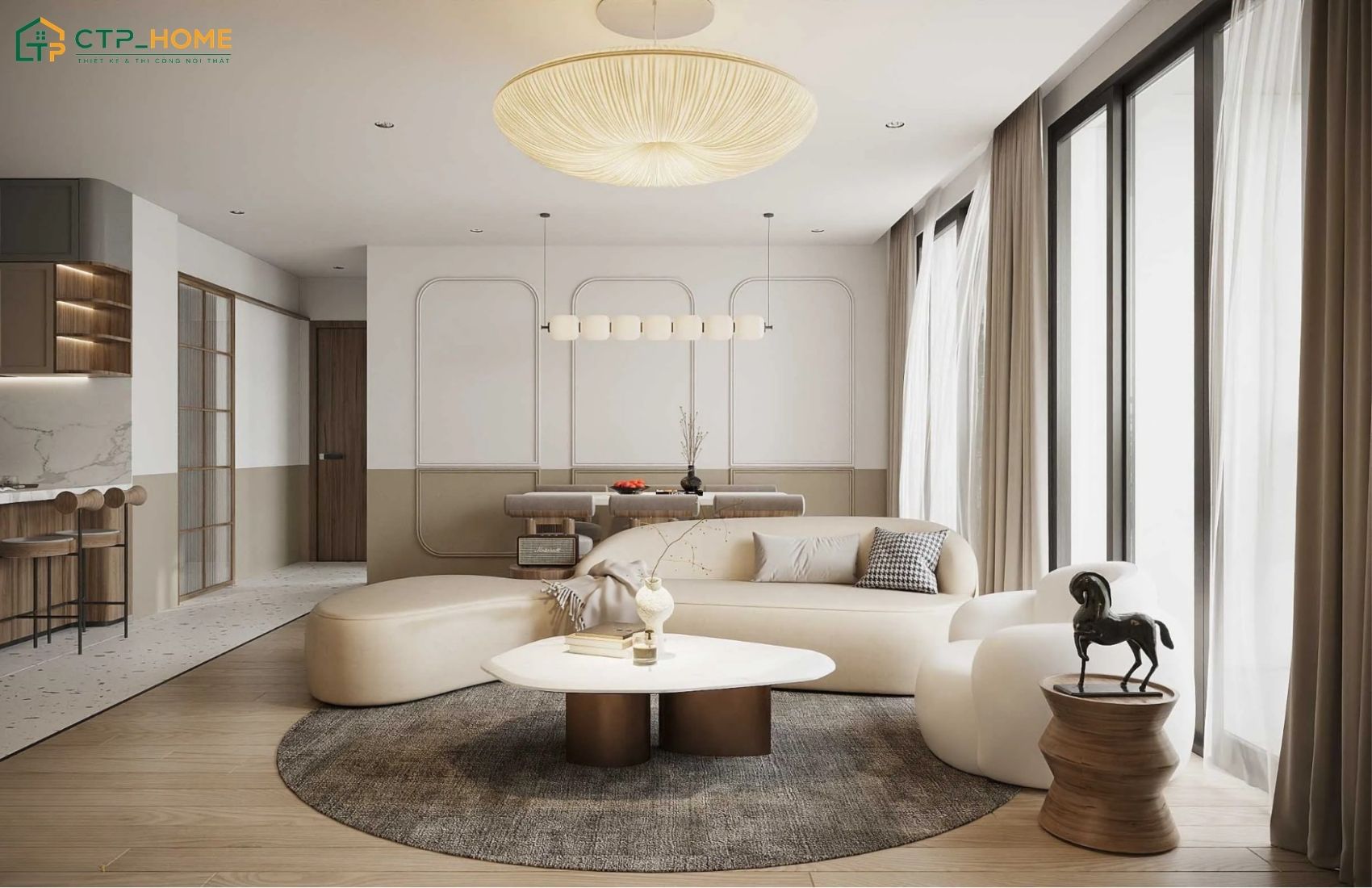 Thiết kế phòng khách chung cư 60m2 với nội thất nhỏ gọn giúp đảm bảo sự gọn gàng và thông thoáng