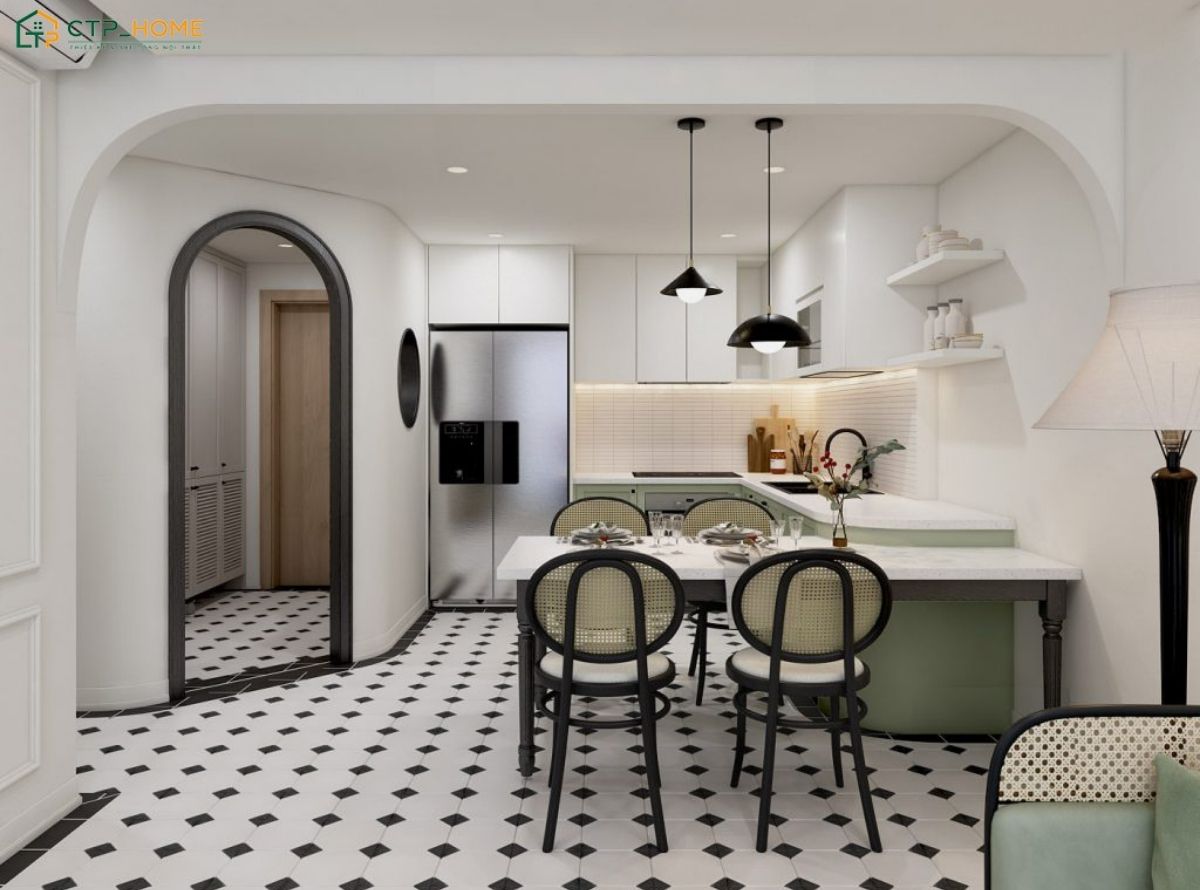 Không gian phòng bếp chung cư 60m2 sẽ được bố trí hợp lý để tạo cảm giác thoải mái hơn khi sử dụng
