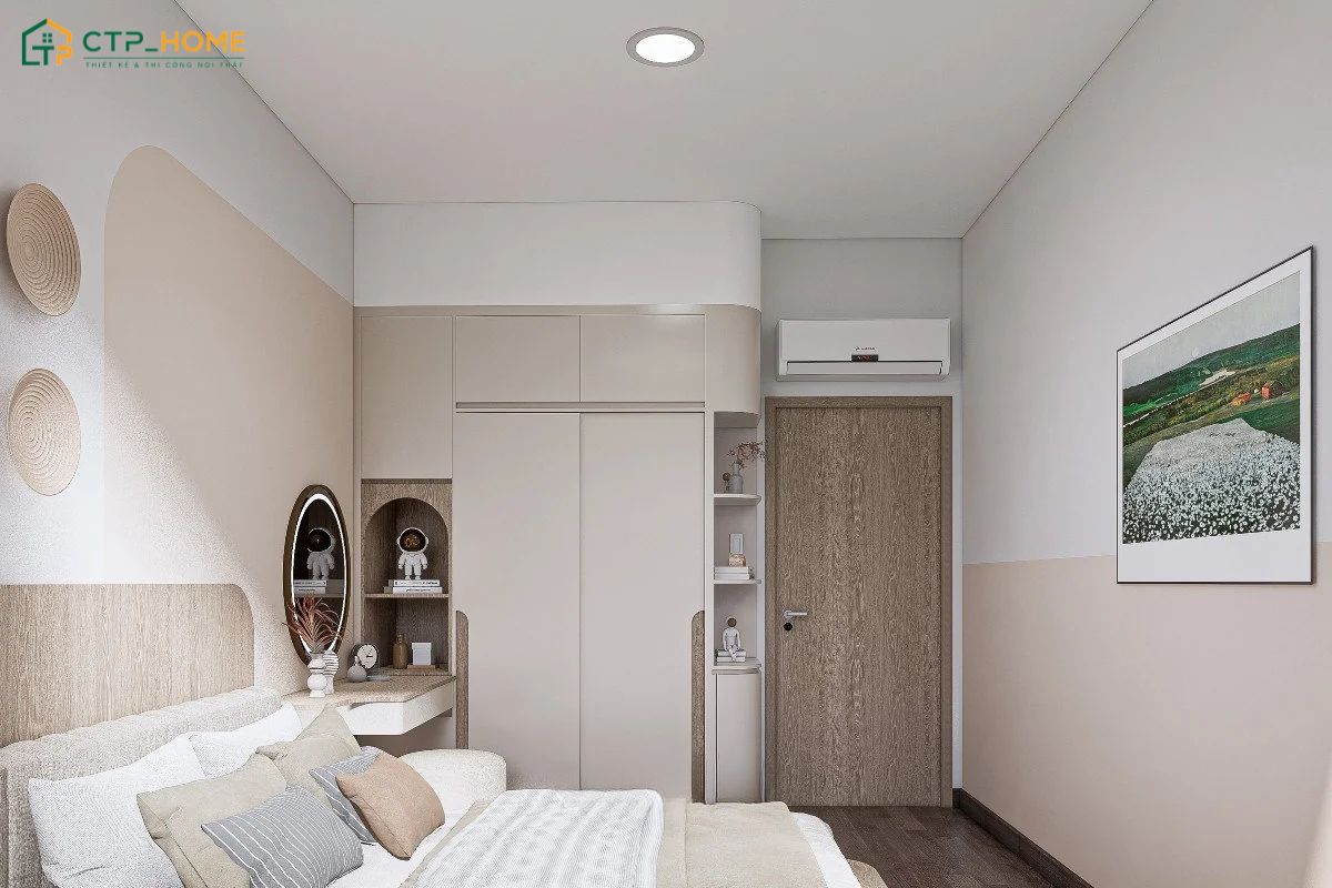 Thiết kế tủ quần áo âm tường với tone màu sáng giúp phòng ngủ có cảm giác rộng rãi hơn