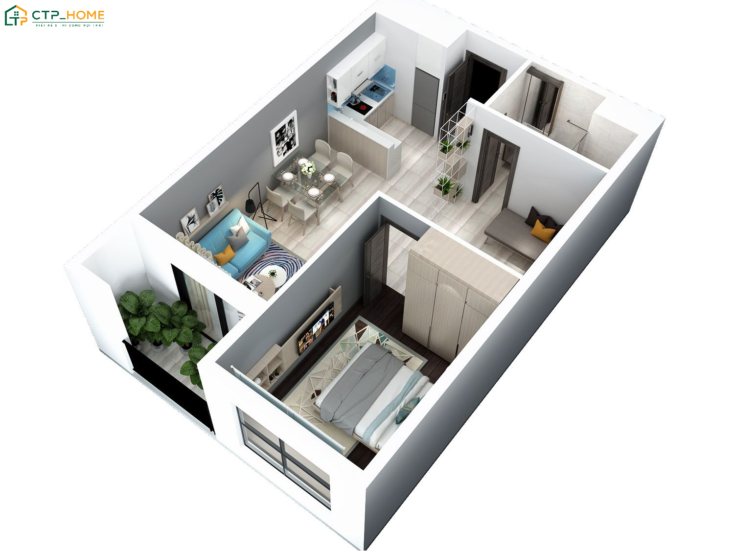 Bản vẽ phối cảnh 3D chung cư 65m2 1 phòng ngủ với các không gian sinh hoạt chung rộng rãi