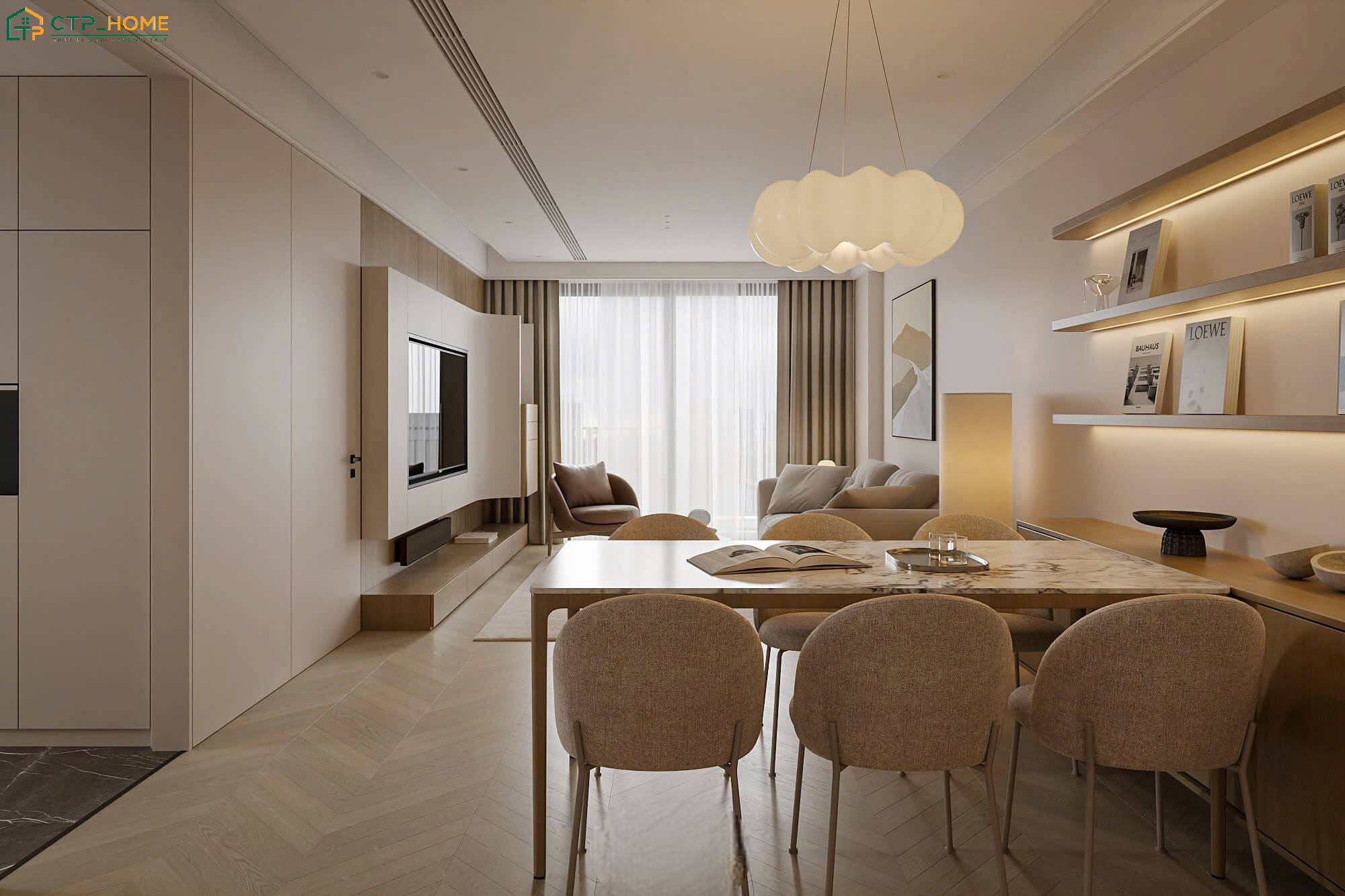 Mẫu thiết kế nội thất căn hộ 65m2 1 phòng ngủ với sự kết nối liền mạch giữa phòng khách và bếp