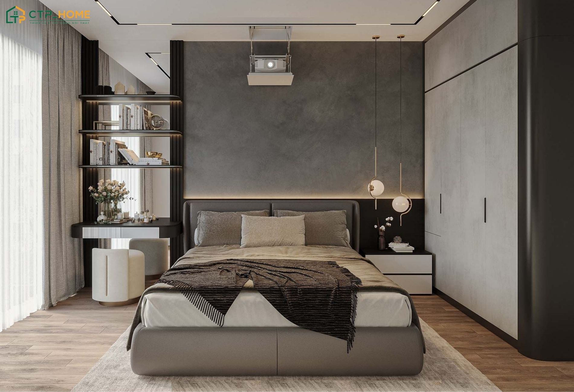 Mẫu thiết kế nội thất căn hộ chung cư 65m2 1 phòng ngủ sẽ tạo điểm nhấn bằng các chi tiết trang trí tinh tế