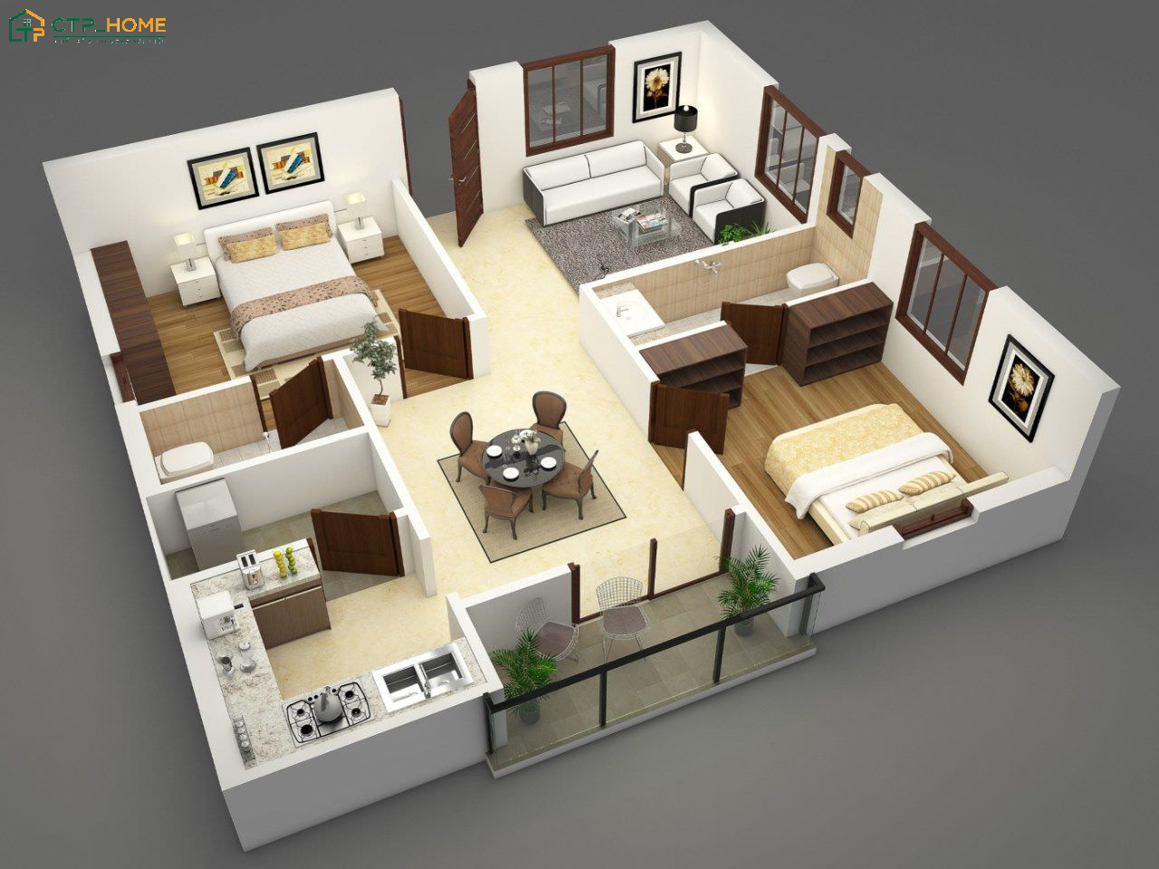 Chung cư 65m2 2 phòng ngủ sẽ được bố trí khoa học để đáp ứng đầy đủ nhu cầu sử dụng