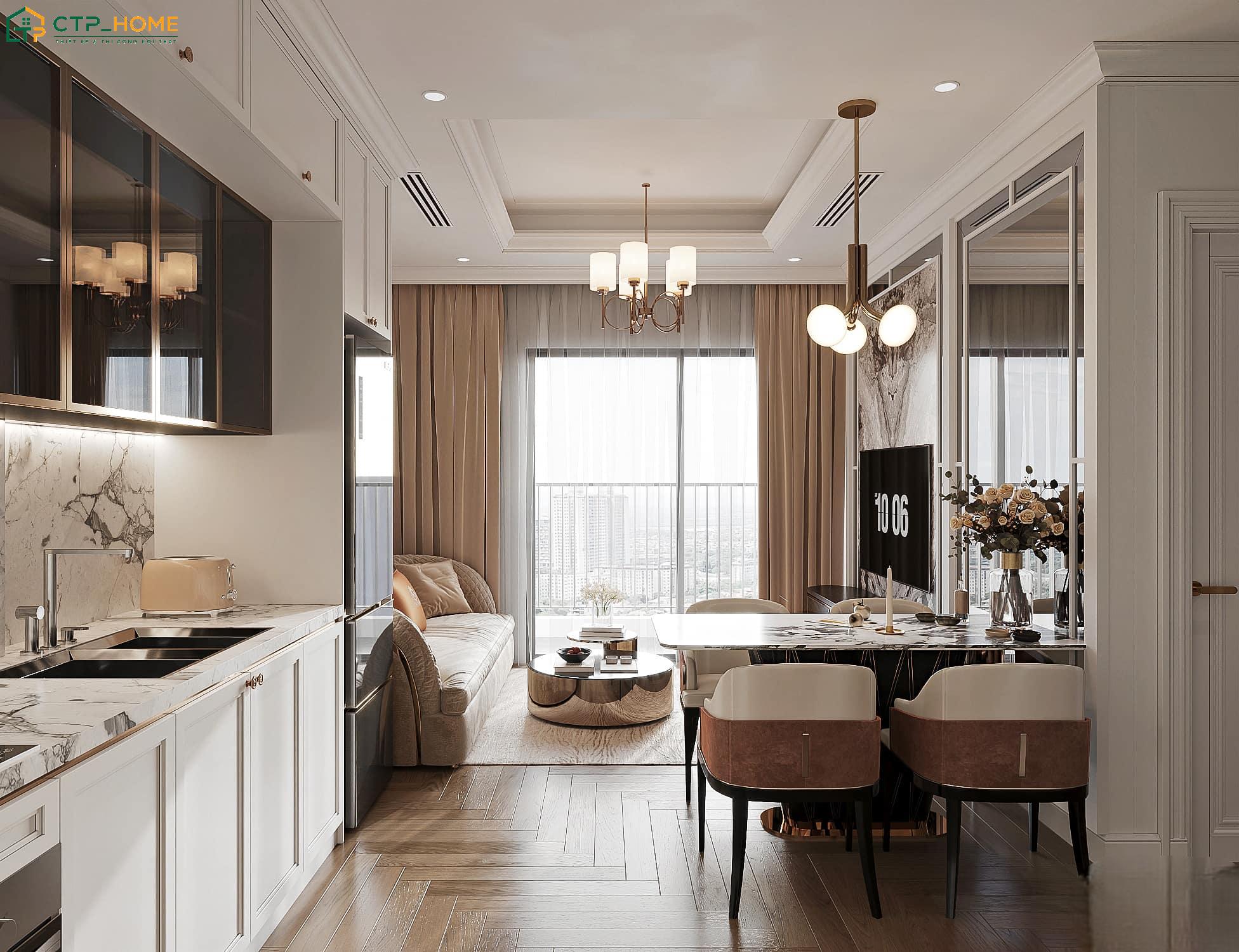 Mẫu thiết kế nội thất chung cư 65m2 2 phòng ngủ sẽ đảm bảo sự cân bằng giữa phòng khách, bếp và khu vực nghỉ ngơi