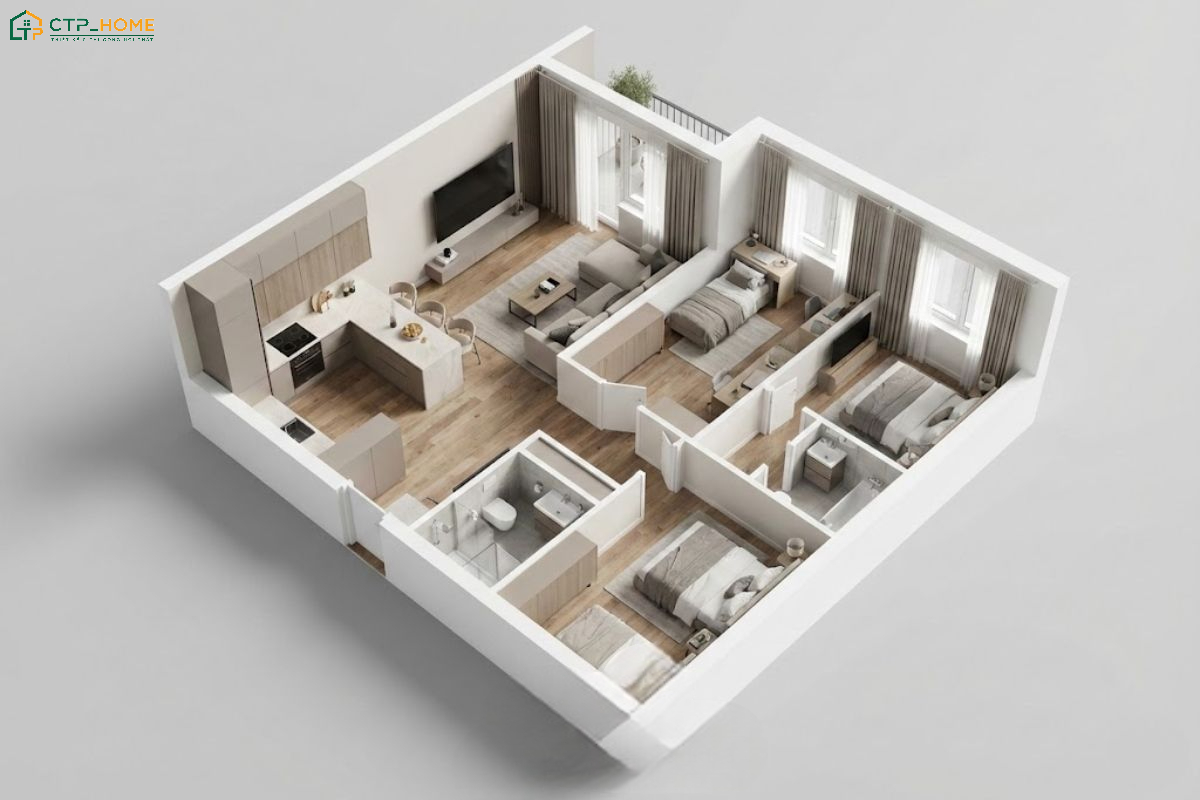 Mẫu thiết kế nội thất chung cư 65m2 3 phòng ngủ sẽ phù hợp với gia đình có từ 4 đến 6 người