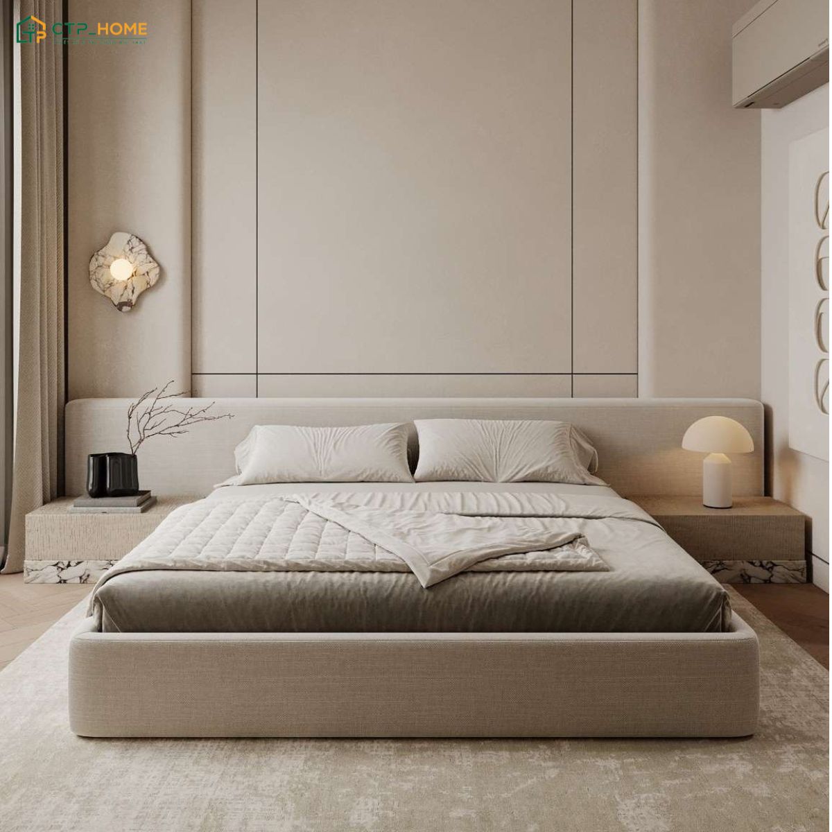Mẫu thiết kế nội thất căn hộ 65m2 với phòng ngủ được bố trí tối giản nhưng vẫn đầy đủ tiện nghi