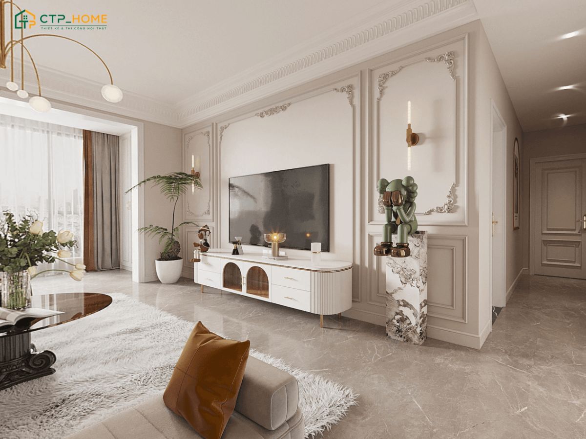 Mẫu thiết kế nội thất chung cư 70m2 tân cổ điển sẽ kết hợp đường nét phào chỉ tinh tế và nội thất hiện đại