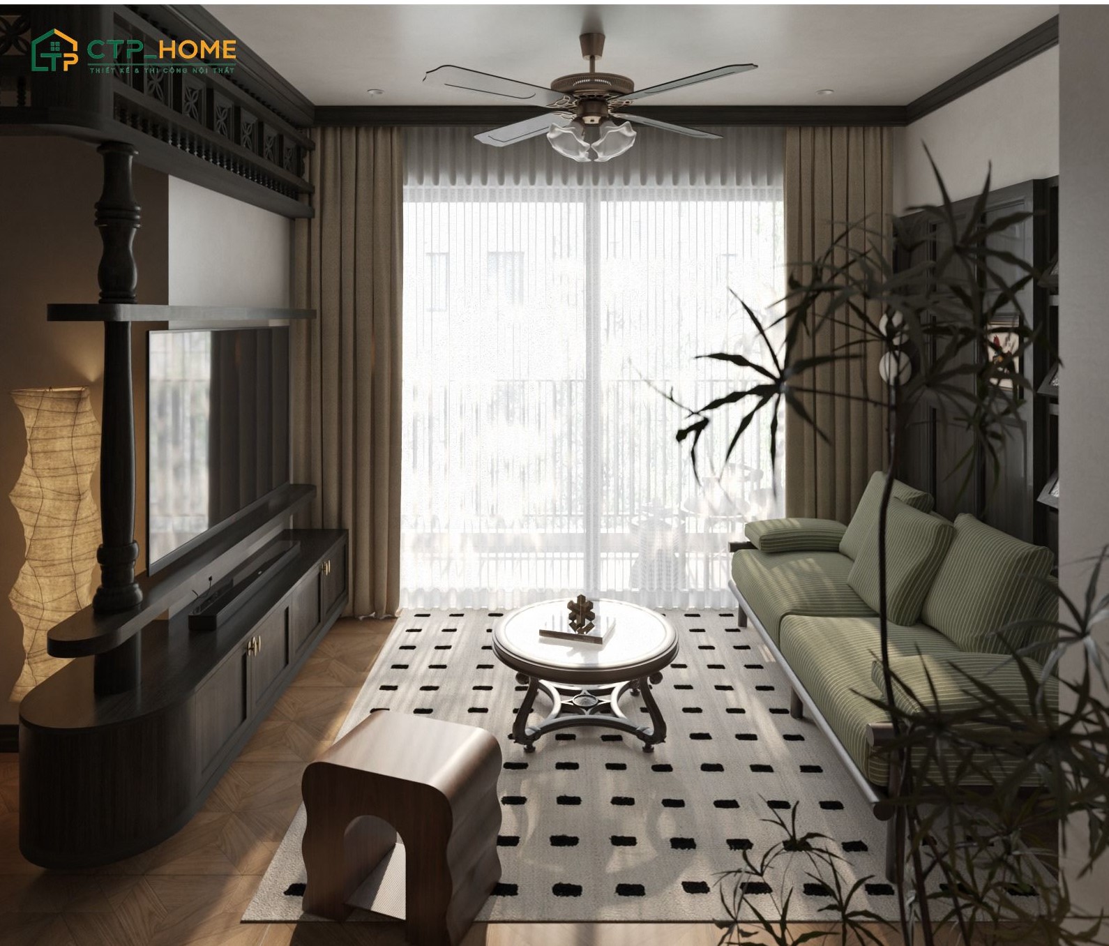 Mẫu thiết kế nội thất căn hộ chung cư 70m2 Indochine nổi bật với bảng màu trầm ấm và nội thất gỗ tối màu