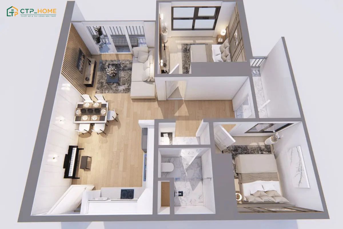 Mẫu thiết kế chung cư 70m2 với 2 phòng ngủ sẽ phù hợp với những gia đình có từ 3 - 4 thành viên